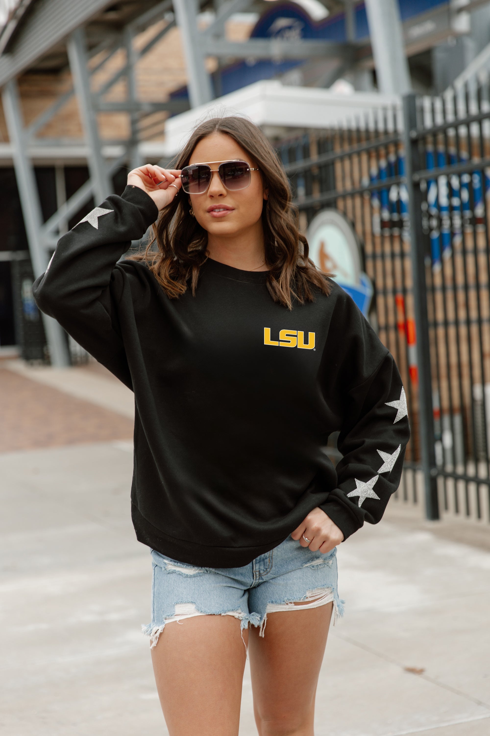 LSU TIGERS DEDICATION EMBELLISHED STAR SLEEVE CREWNECK PULLOVER