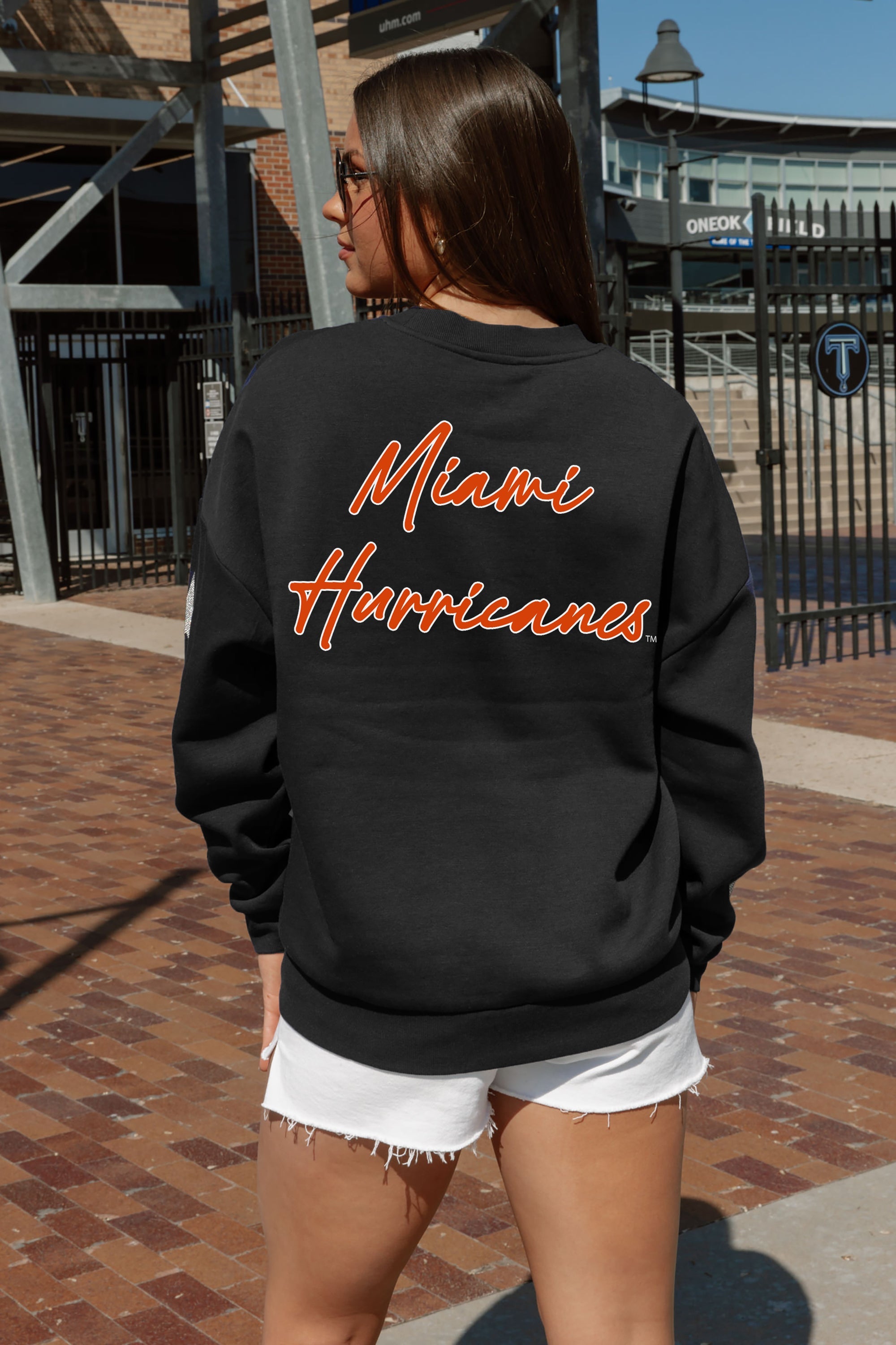 MIAMI HURRICANES DEDICATION EMBELLISHED STAR SLEEVE CREWNECK PULLOVER