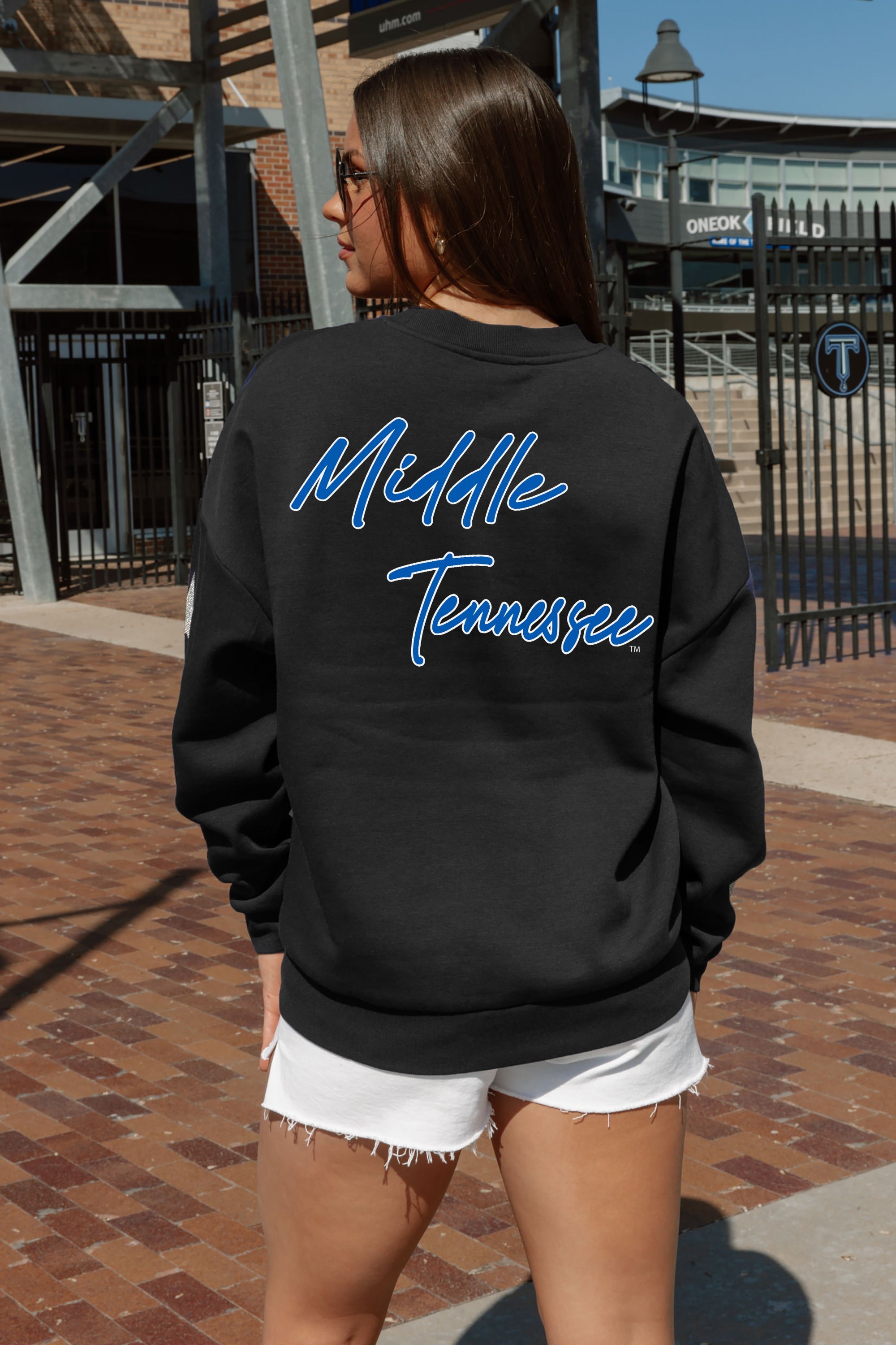 MIDDLE TENNESSEE STATE BLUE RAIDERS DEDICATION EMBELLISHED STAR SLEEVE CREWNECK PULLOVER