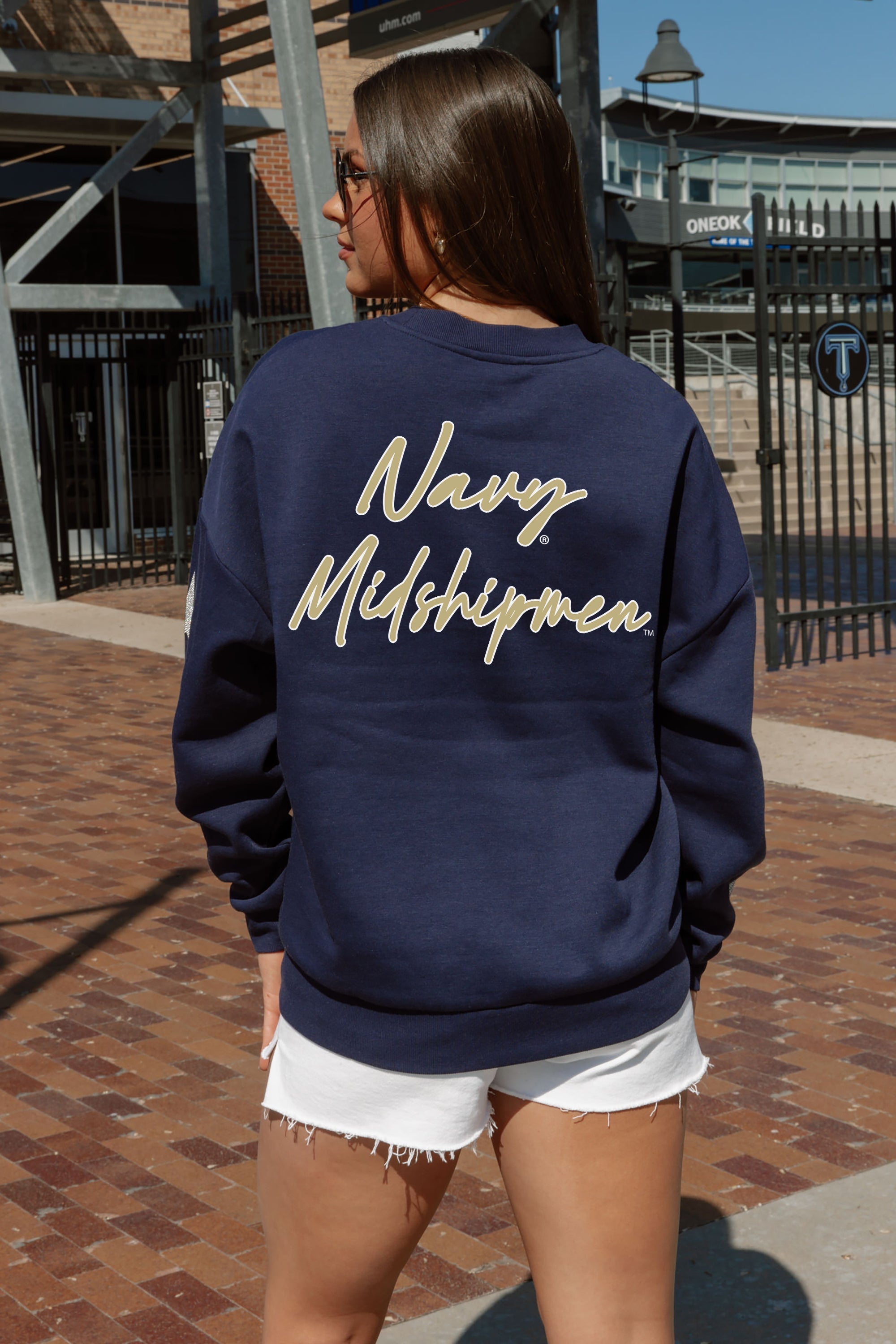 US NAVY MIDSHIPMEN DEDICATION EMBELLISHED STAR SLEEVE CREWNECK PULLOVER