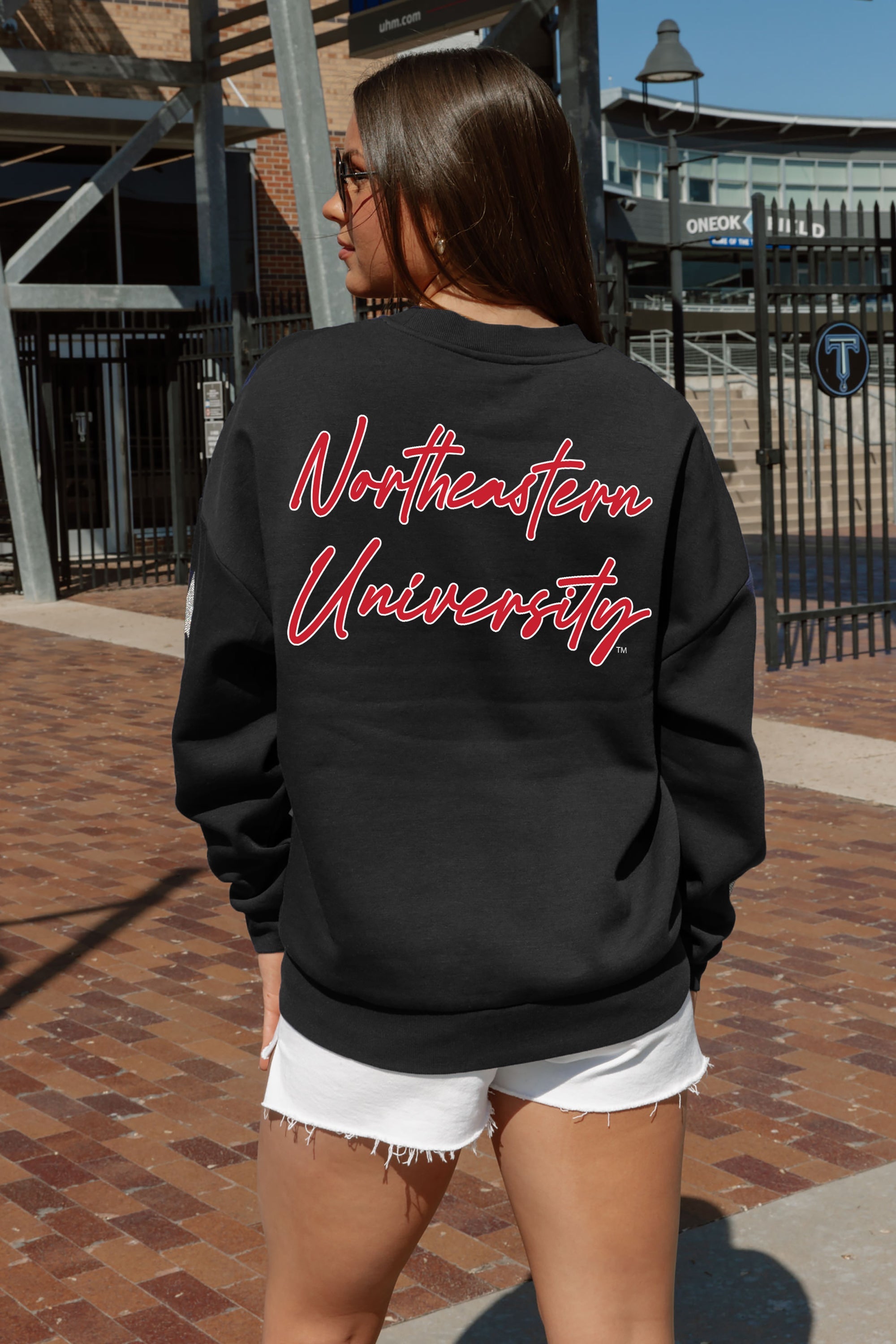 NORTHEASTERN HUSKIES DEDICATION EMBELLISHED STAR SLEEVE CREWNECK PULLOVER