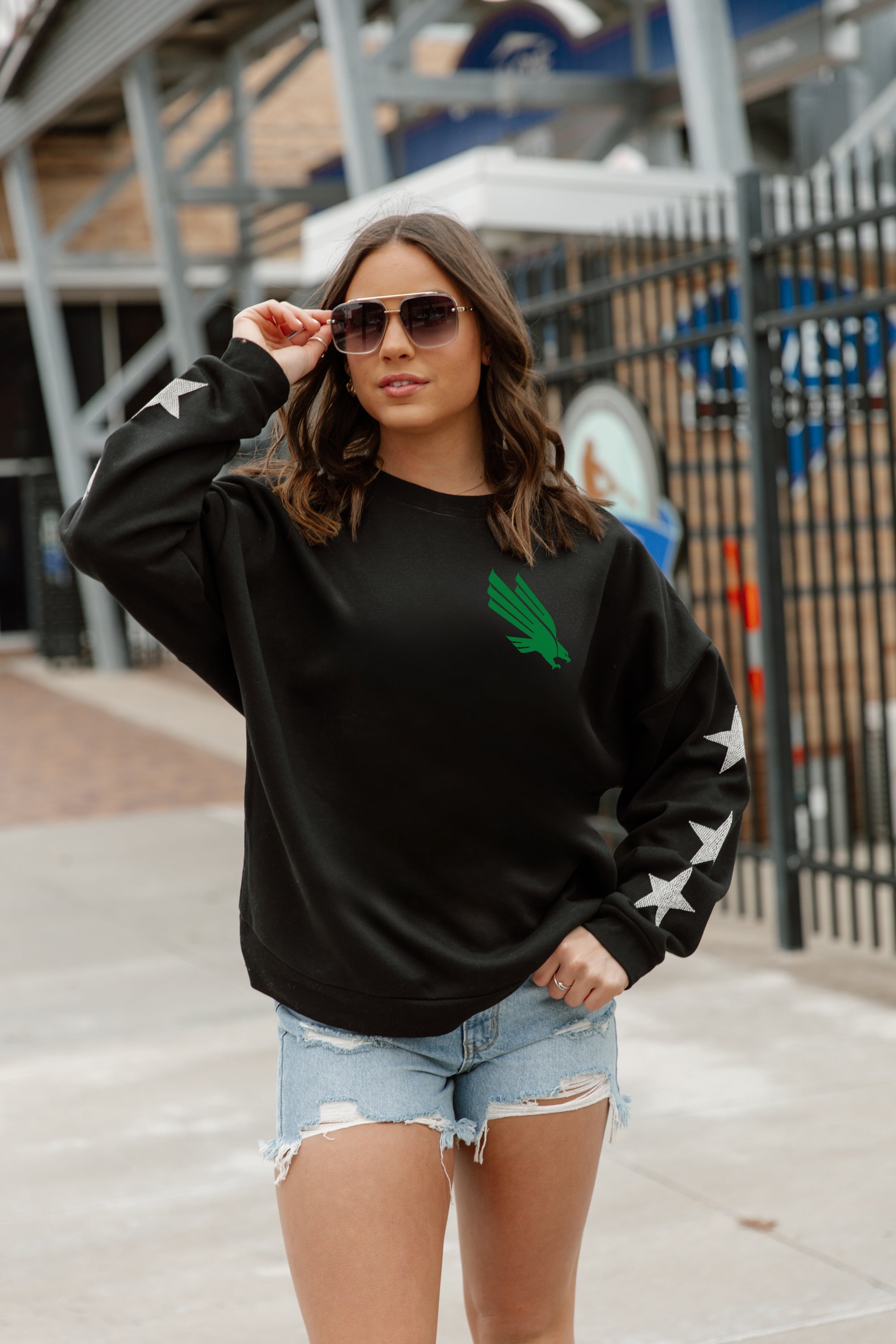 NORTH TEXAS MEAN GREEN DEDICATION EMBELLISHED STAR SLEEVE CREWNECK PULLOVER