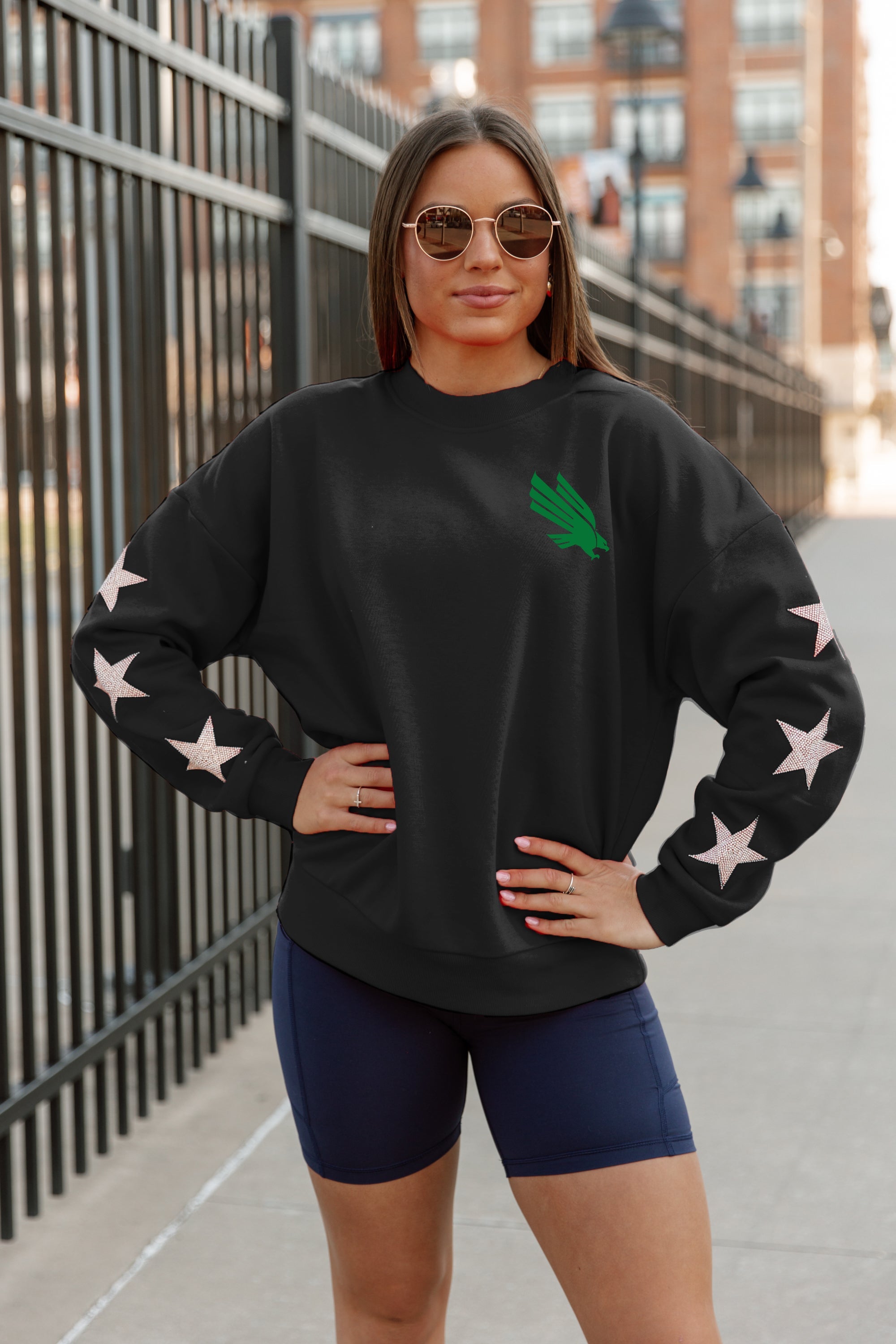 NORTH TEXAS MEAN GREEN DEDICATION EMBELLISHED STAR SLEEVE CREWNECK PULLOVER