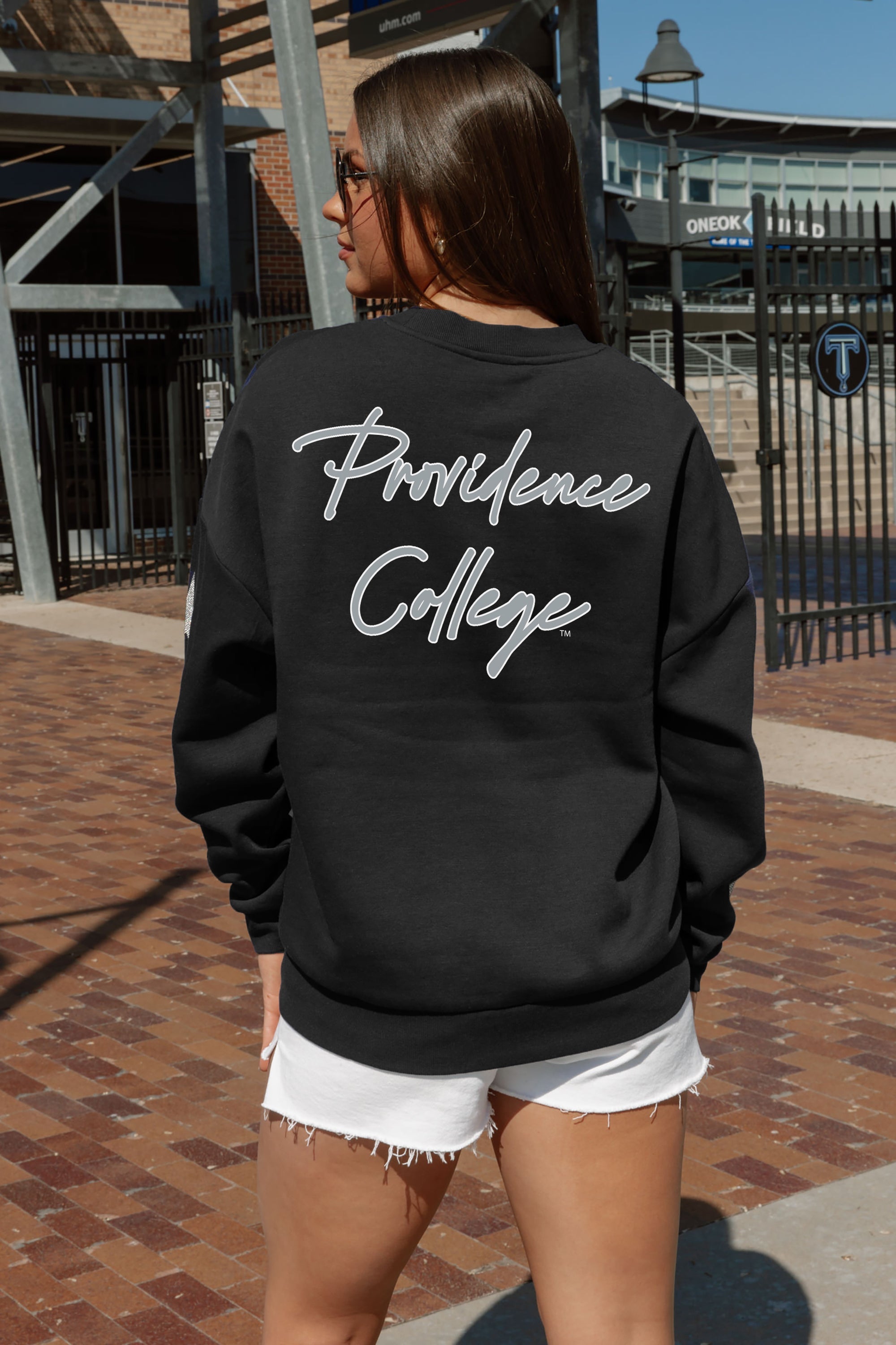 PROVIDENCE FRIARS DEDICATION EMBELLISHED STAR SLEEVE CREWNECK PULLOVER