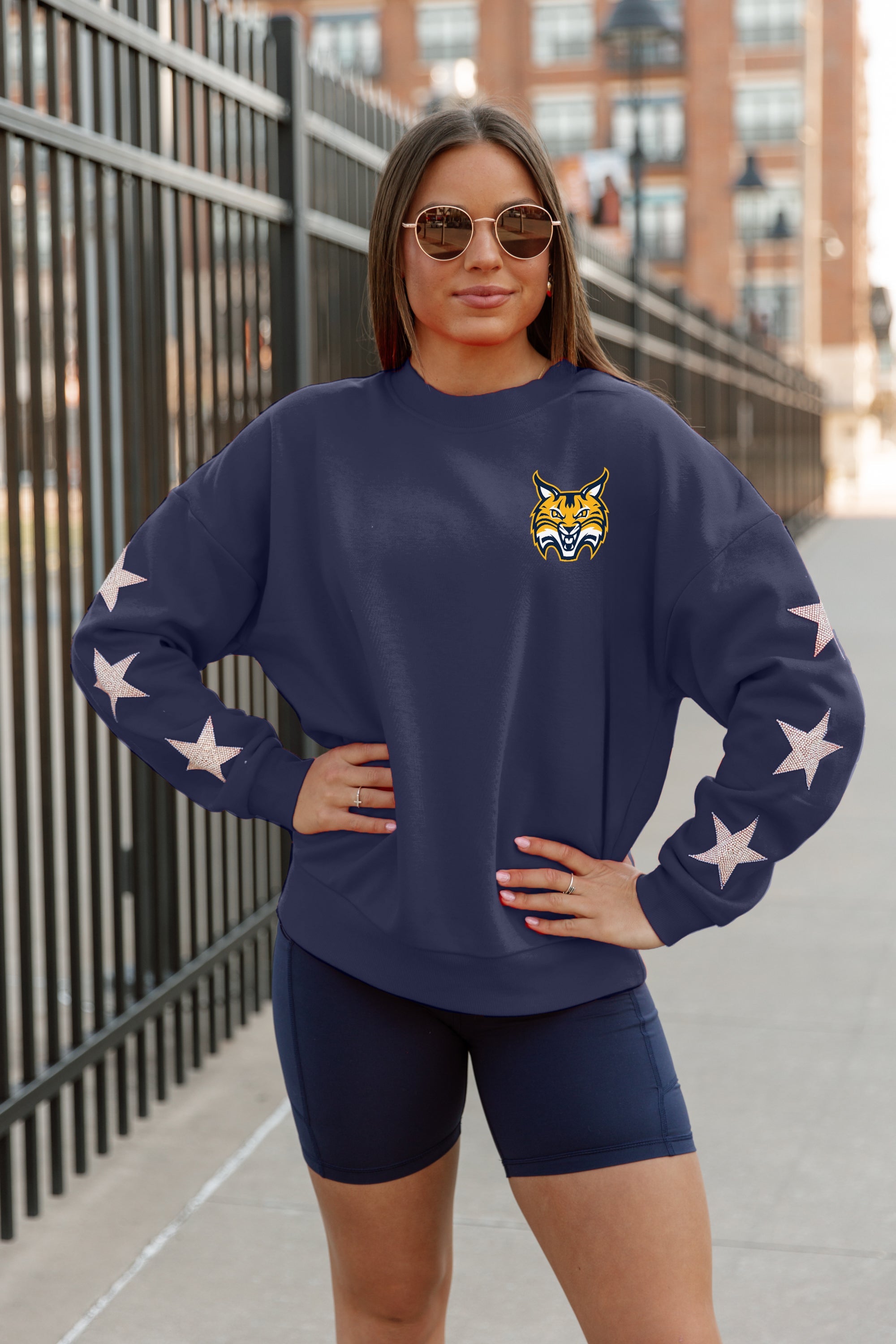 QUINNIPIAC BOBCATS DEDICATION EMBELLISHED STAR SLEEVE CREWNECK PULLOVER