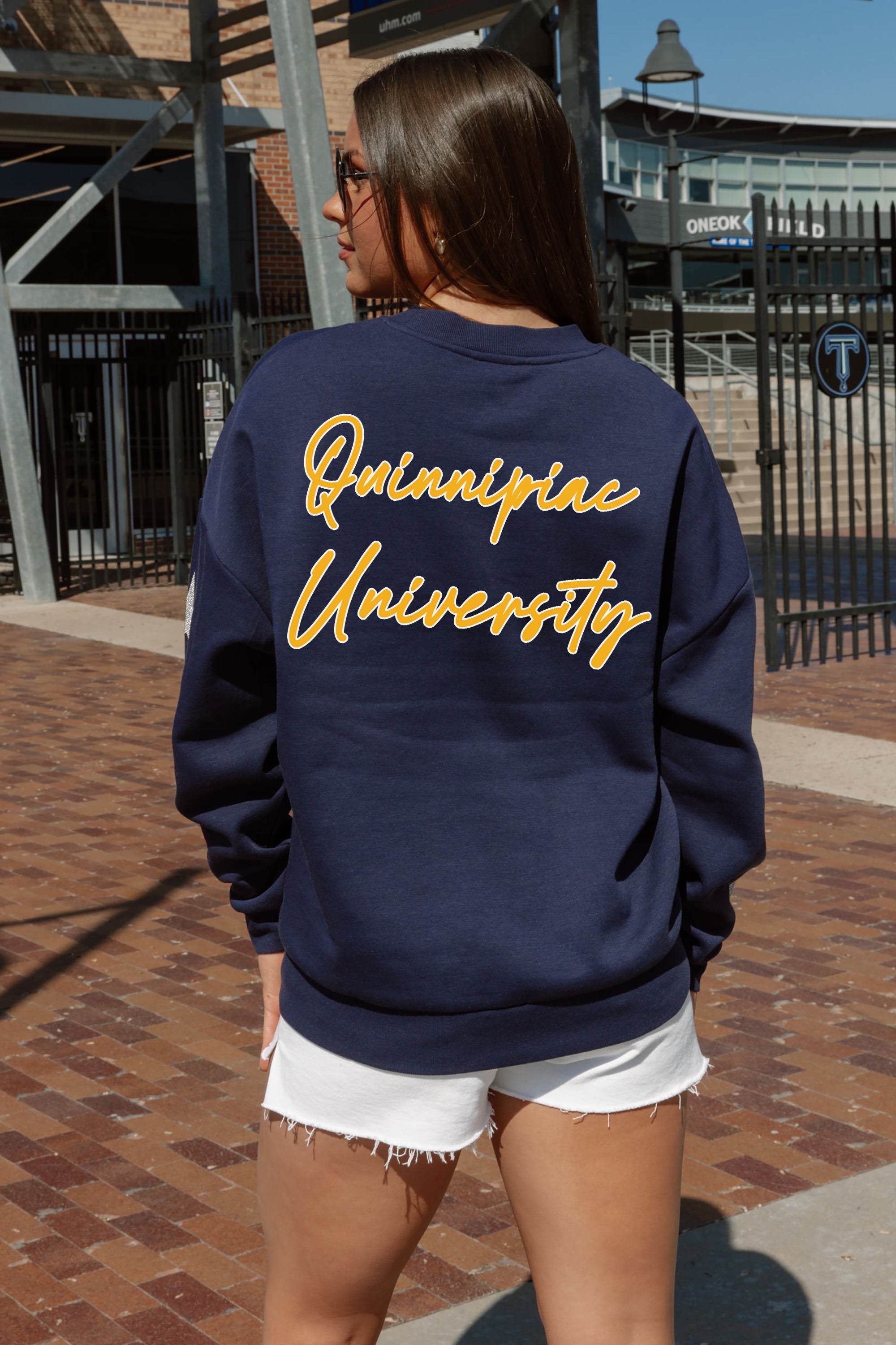 QUINNIPIAC BOBCATS DEDICATION EMBELLISHED STAR SLEEVE CREWNECK PULLOVER