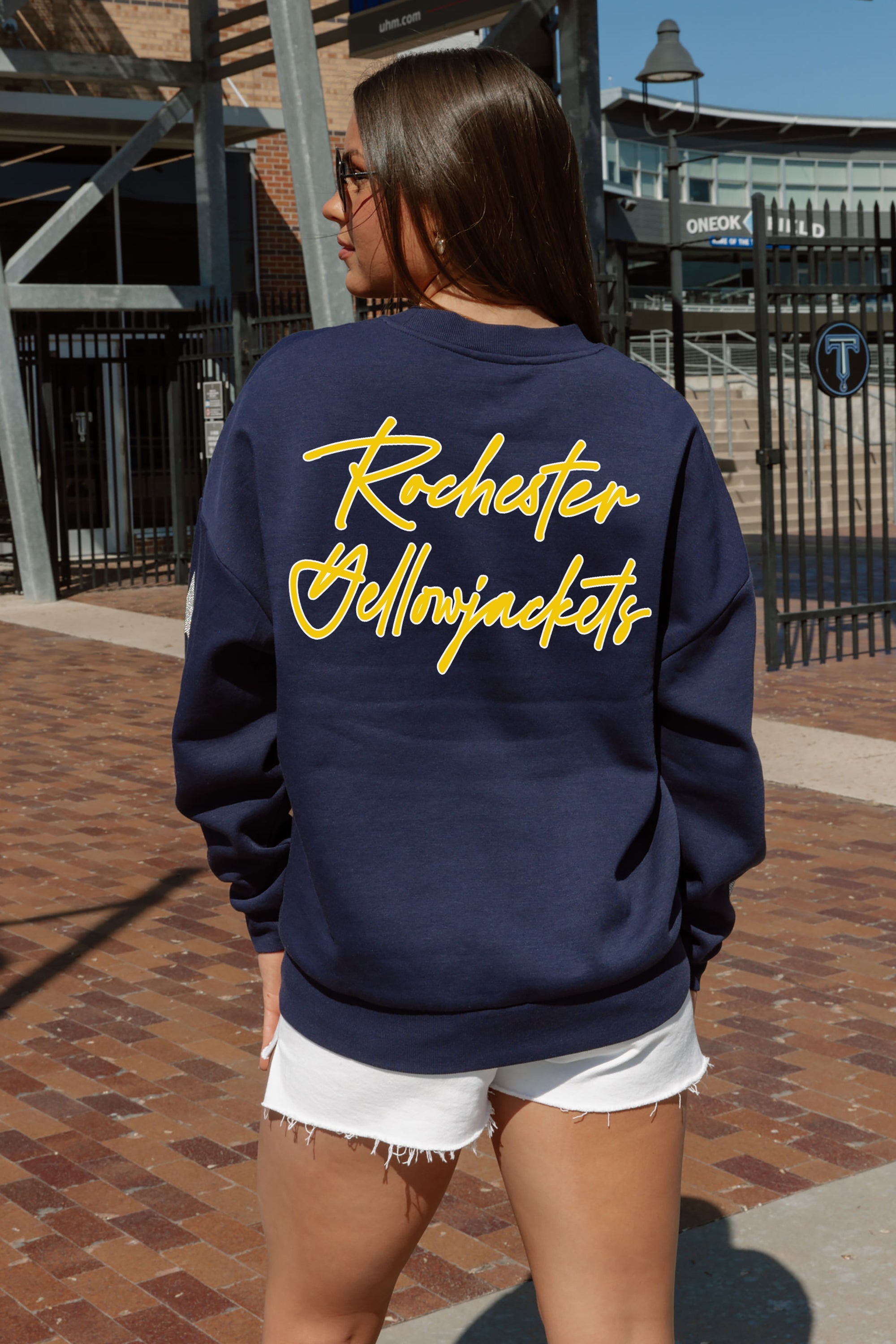 ROCHESTER YELLOWJACKETS DEDICATION EMBELLISHED STAR SLEEVE CREWNECK PULLOVER