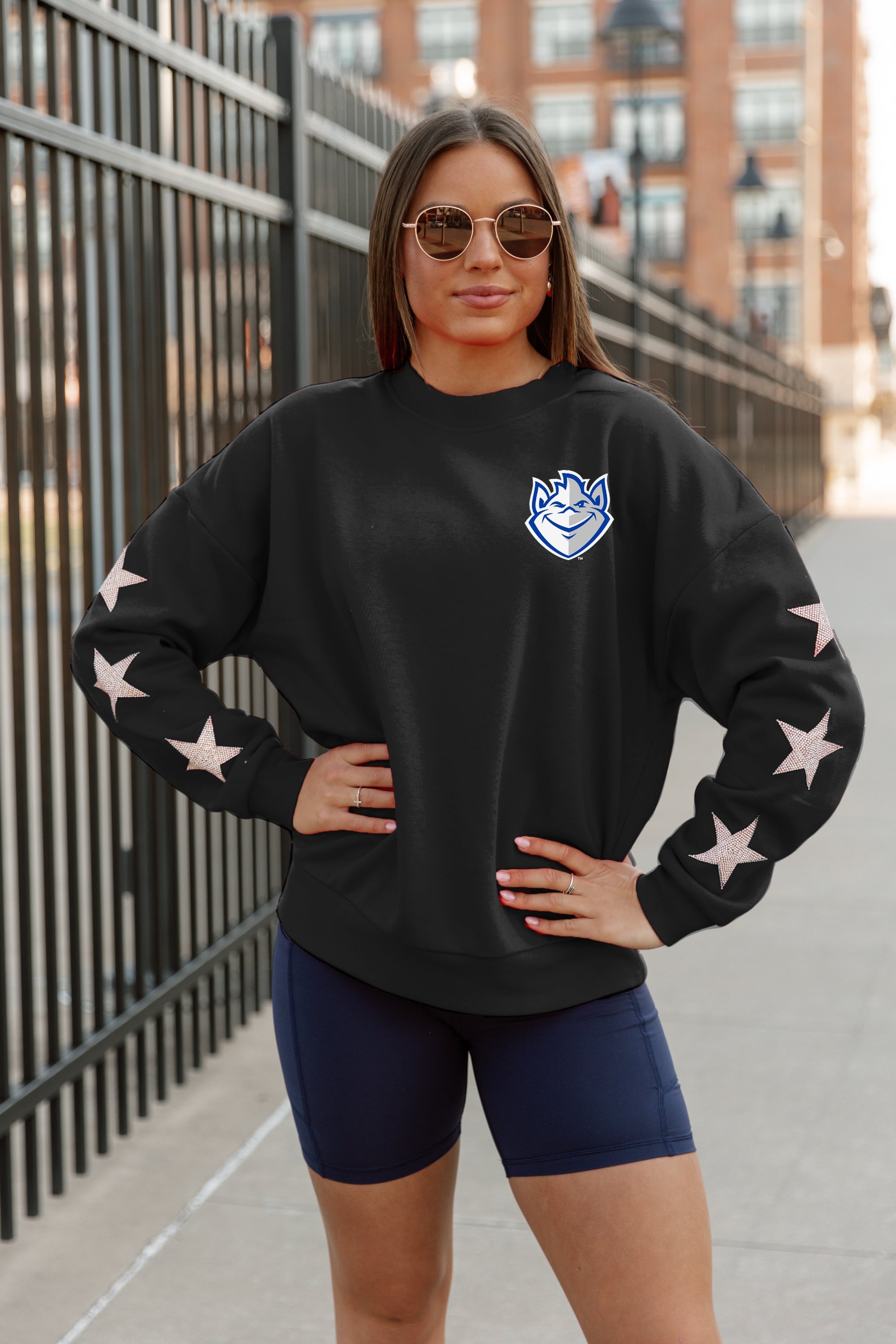 SAINT LOUIS BILLIKENS DEDICATION EMBELLISHED STAR SLEEVE CREWNECK PULLOVER