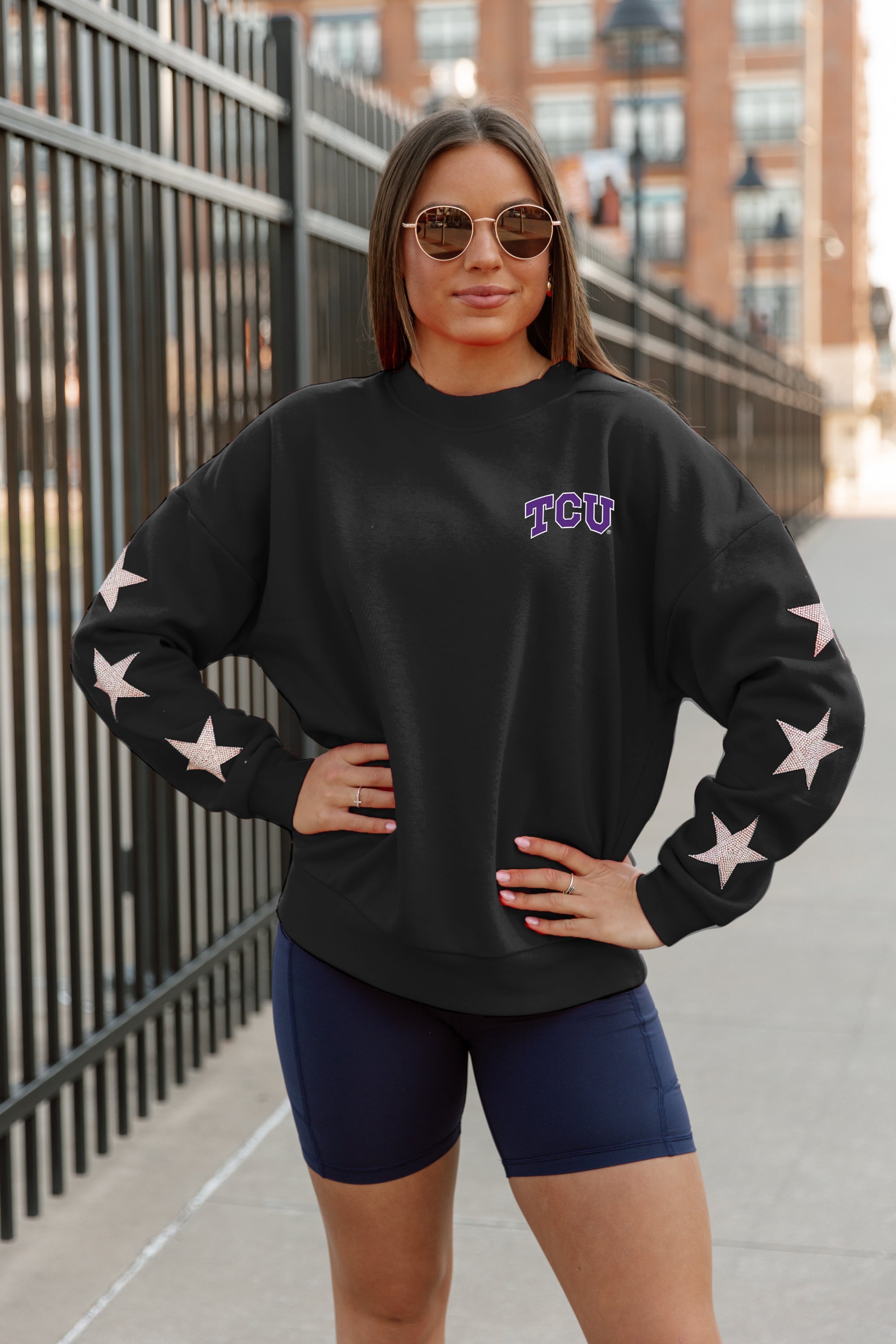 TCU HORNED FROGS DEDICATION EMBELLISHED STAR SLEEVE CREWNECK PULLOVER