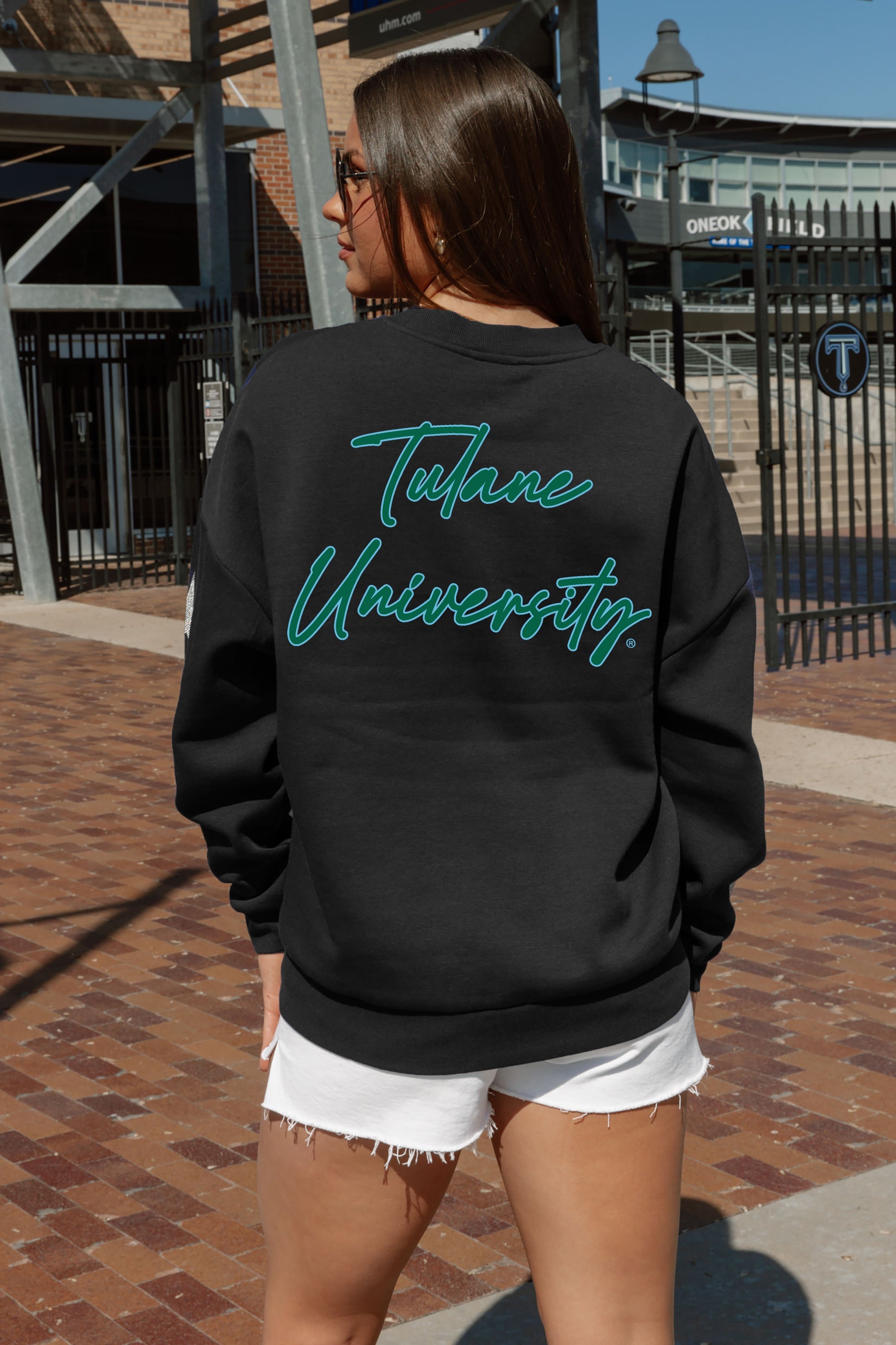 TULANE GREEN WAVE DEDICATION EMBELLISHED STAR SLEEVE CREWNECK PULLOVER