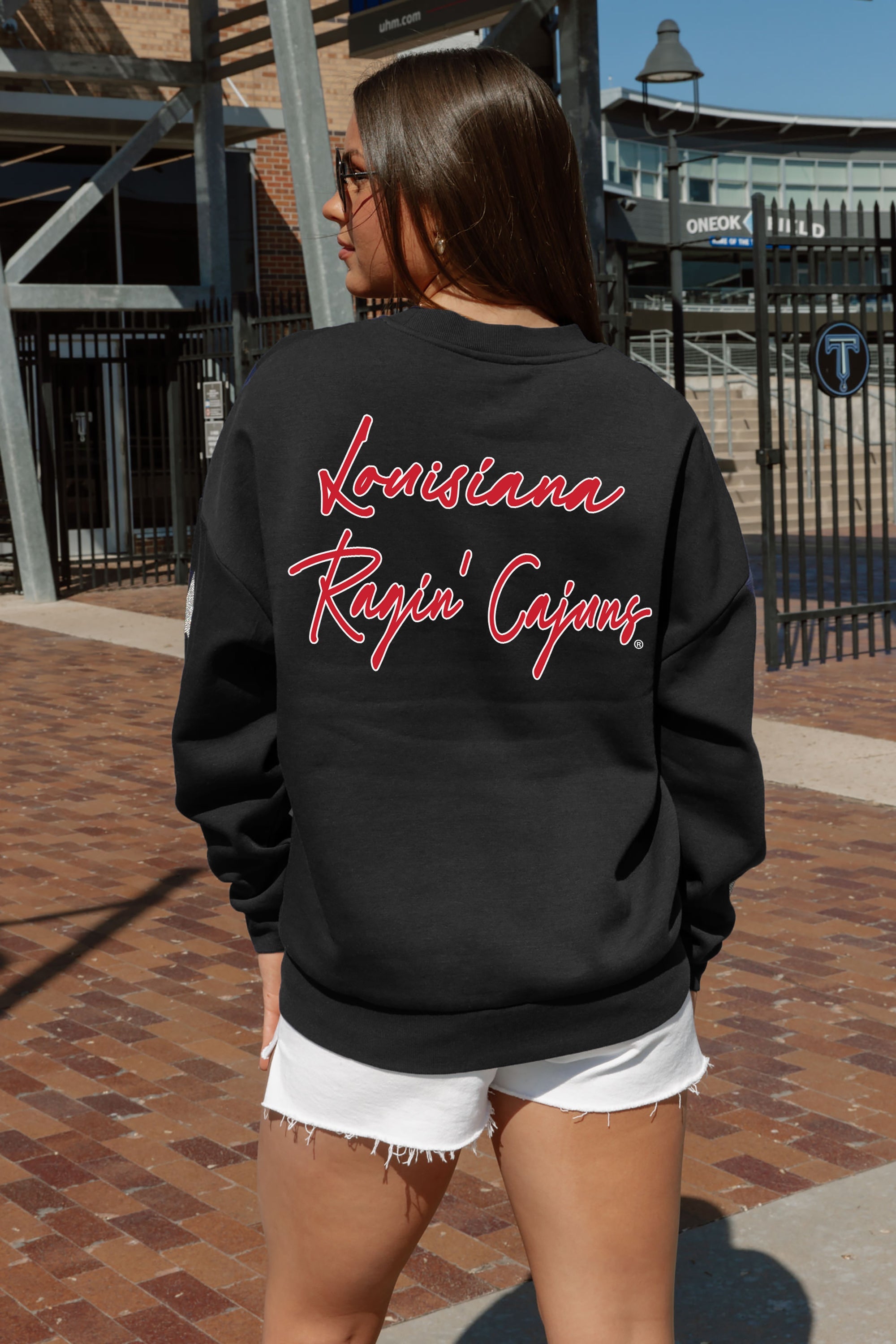 LOUISIANA RAGIN' CAJUNS DEDICATION EMBELLISHED STAR SLEEVE CREWNECK PULLOVER