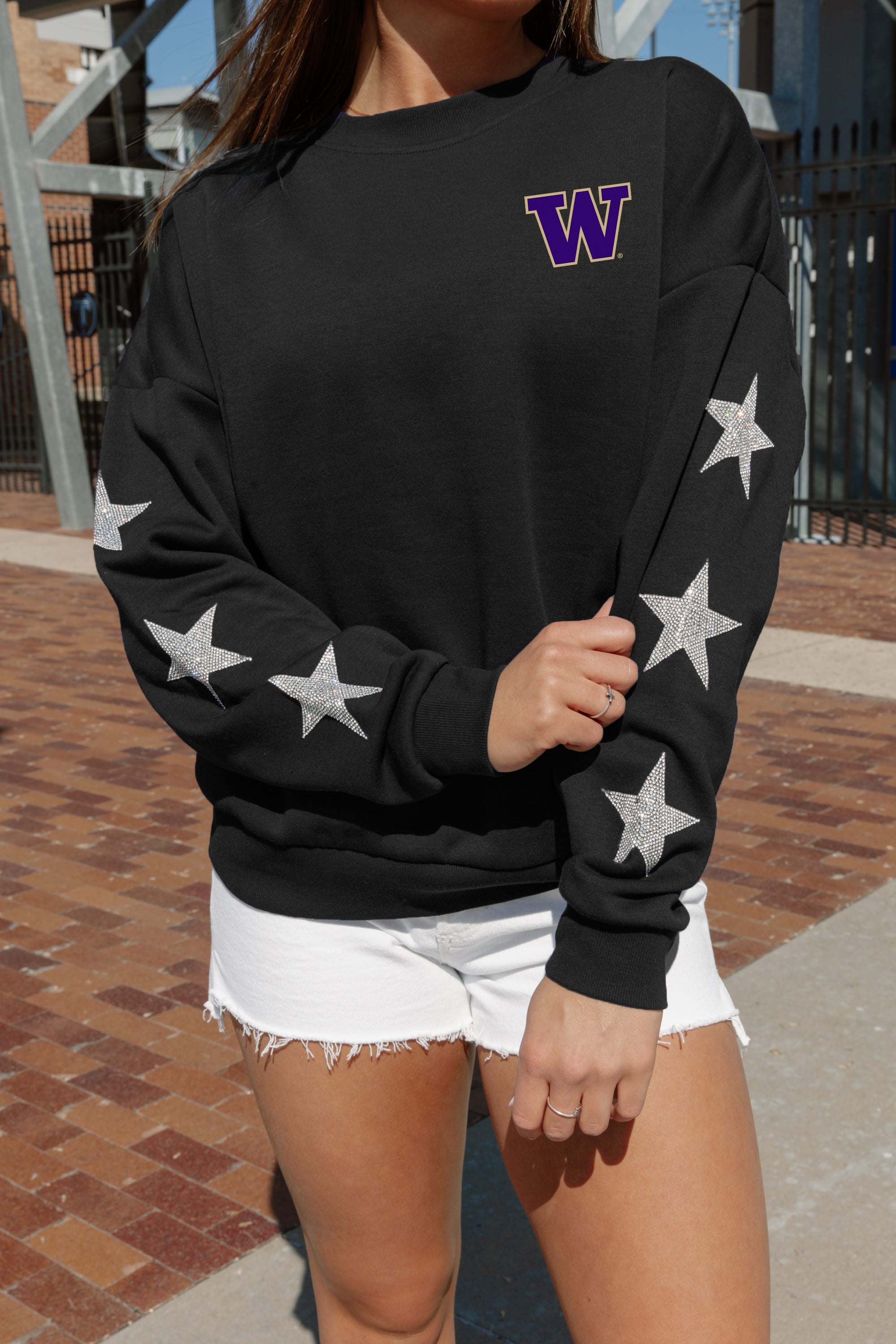 WASHINGTON HUSKIES DEDICATION EMBELLISHED STAR SLEEVE CREWNECK PULLOVER