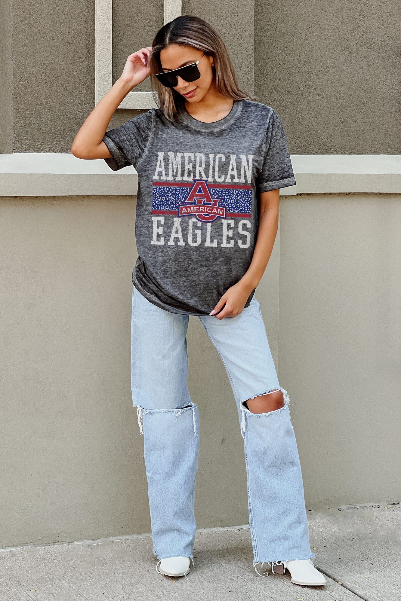 AMERICAN UNIVERSITY EAGLES CROWD GOES WILD ACID WASH BOYFRIEND TEE