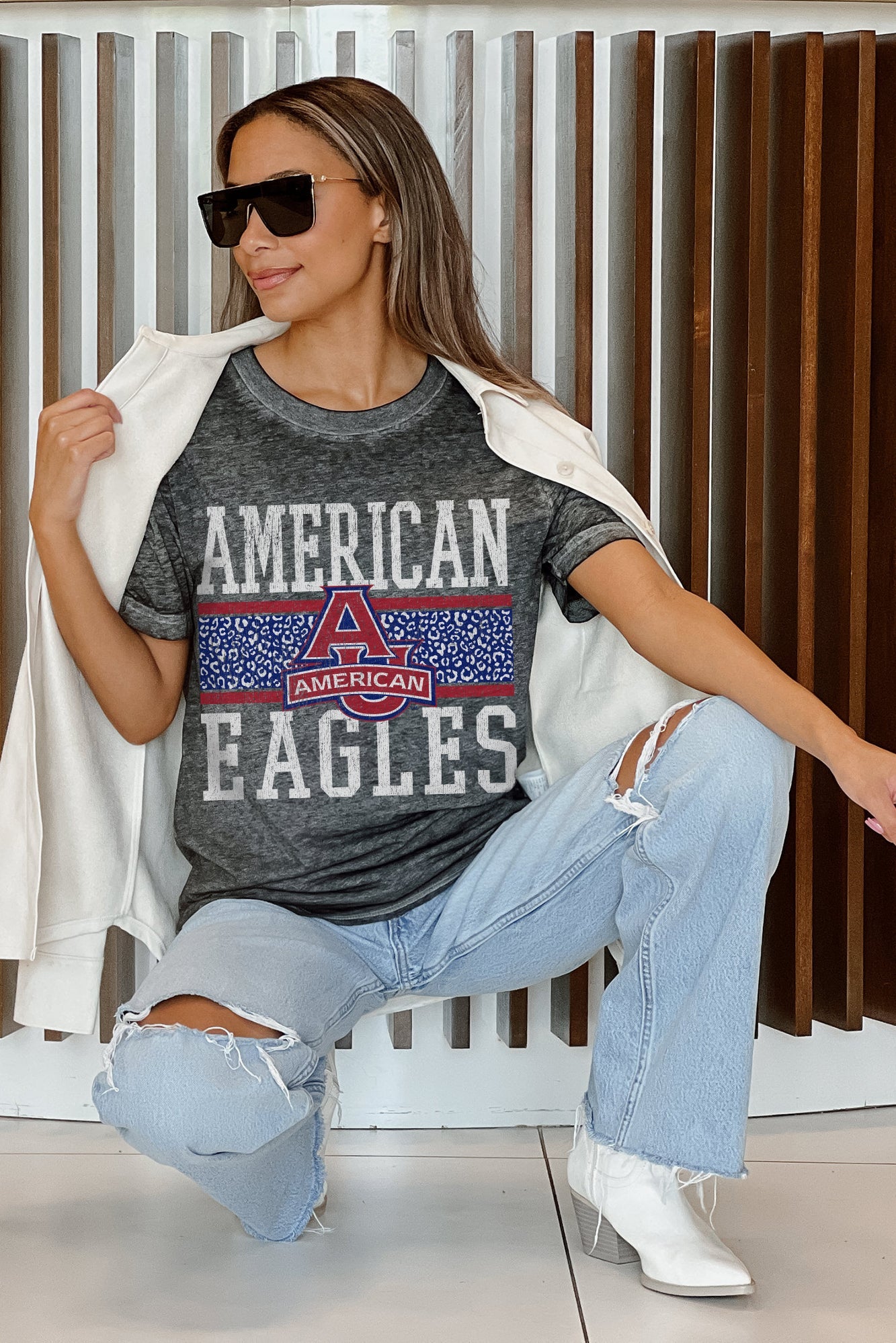 AMERICAN UNIVERSITY EAGLES CROWD GOES WILD ACID WASH BOYFRIEND TEE