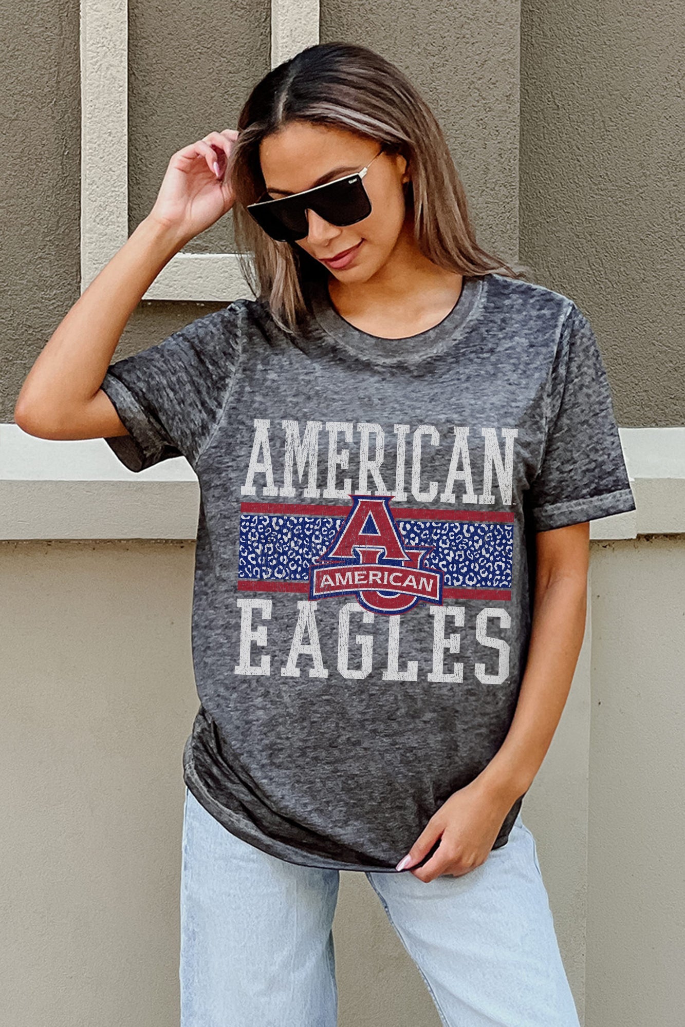 AMERICAN UNIVERSITY EAGLES CROWD GOES WILD ACID WASH BOYFRIEND TEE