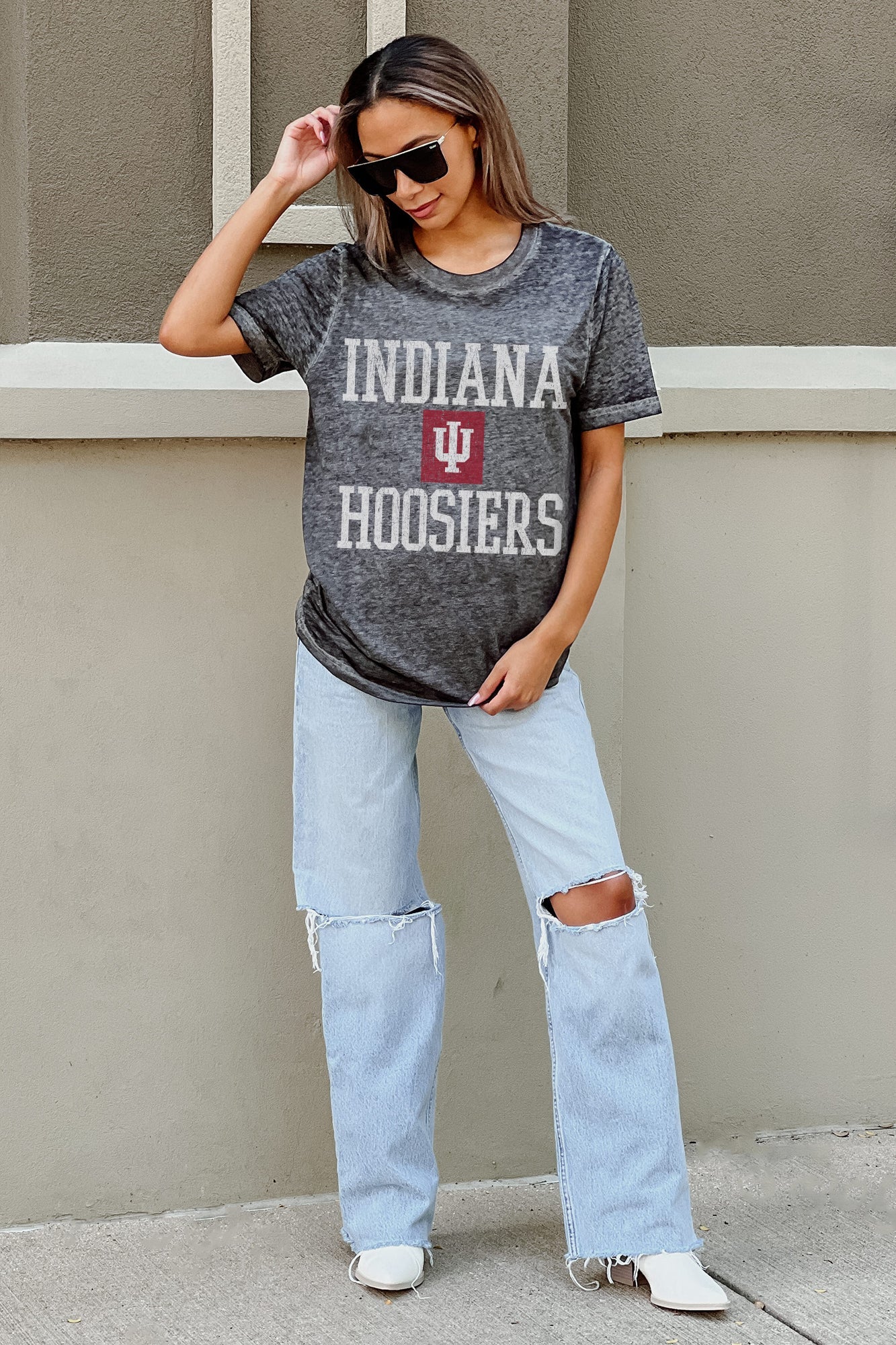 INDIANA HOOSIERS CROWD GOES WILD ACID WASH BOYFRIEND TEE