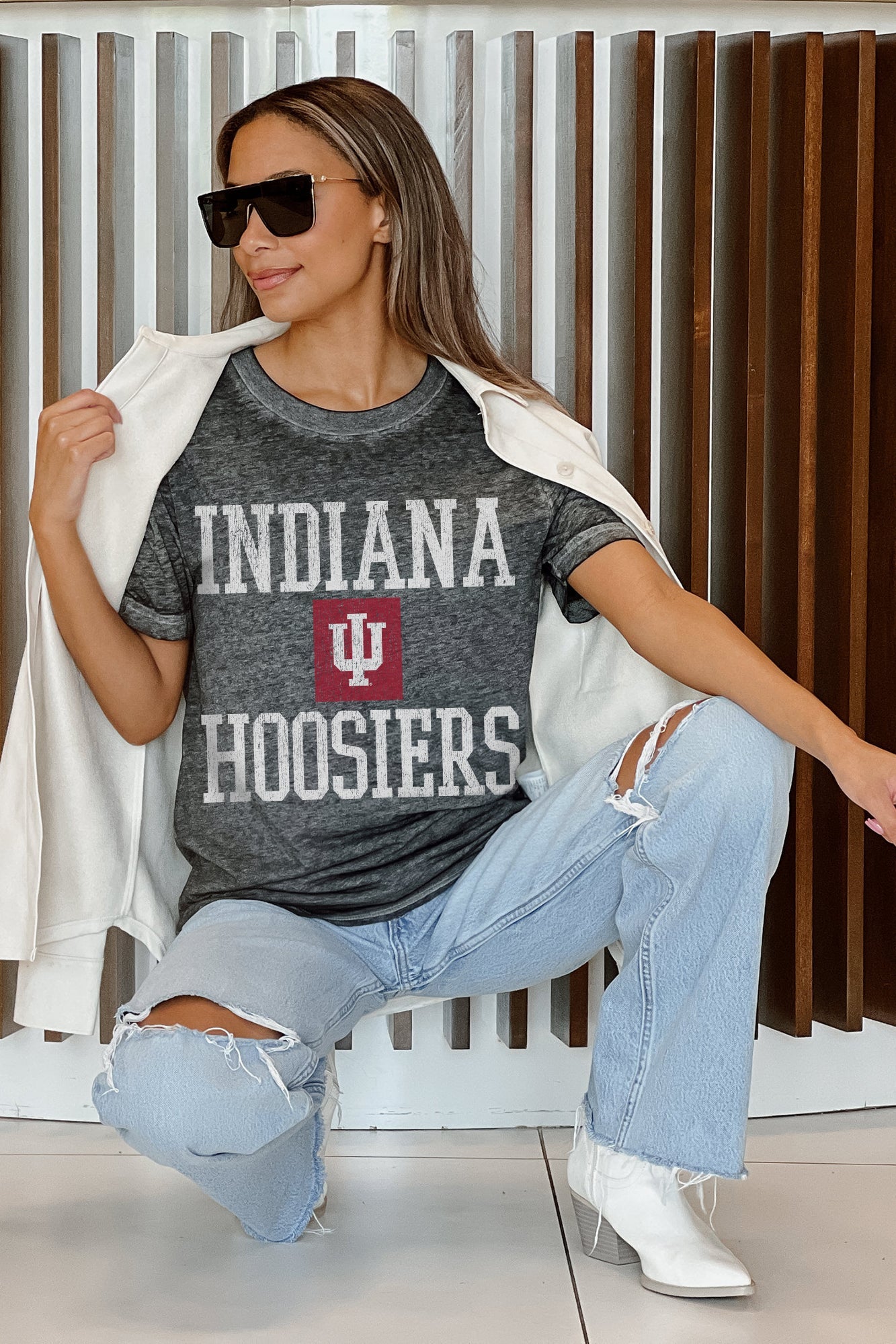 INDIANA HOOSIERS CROWD GOES WILD ACID WASH BOYFRIEND TEE