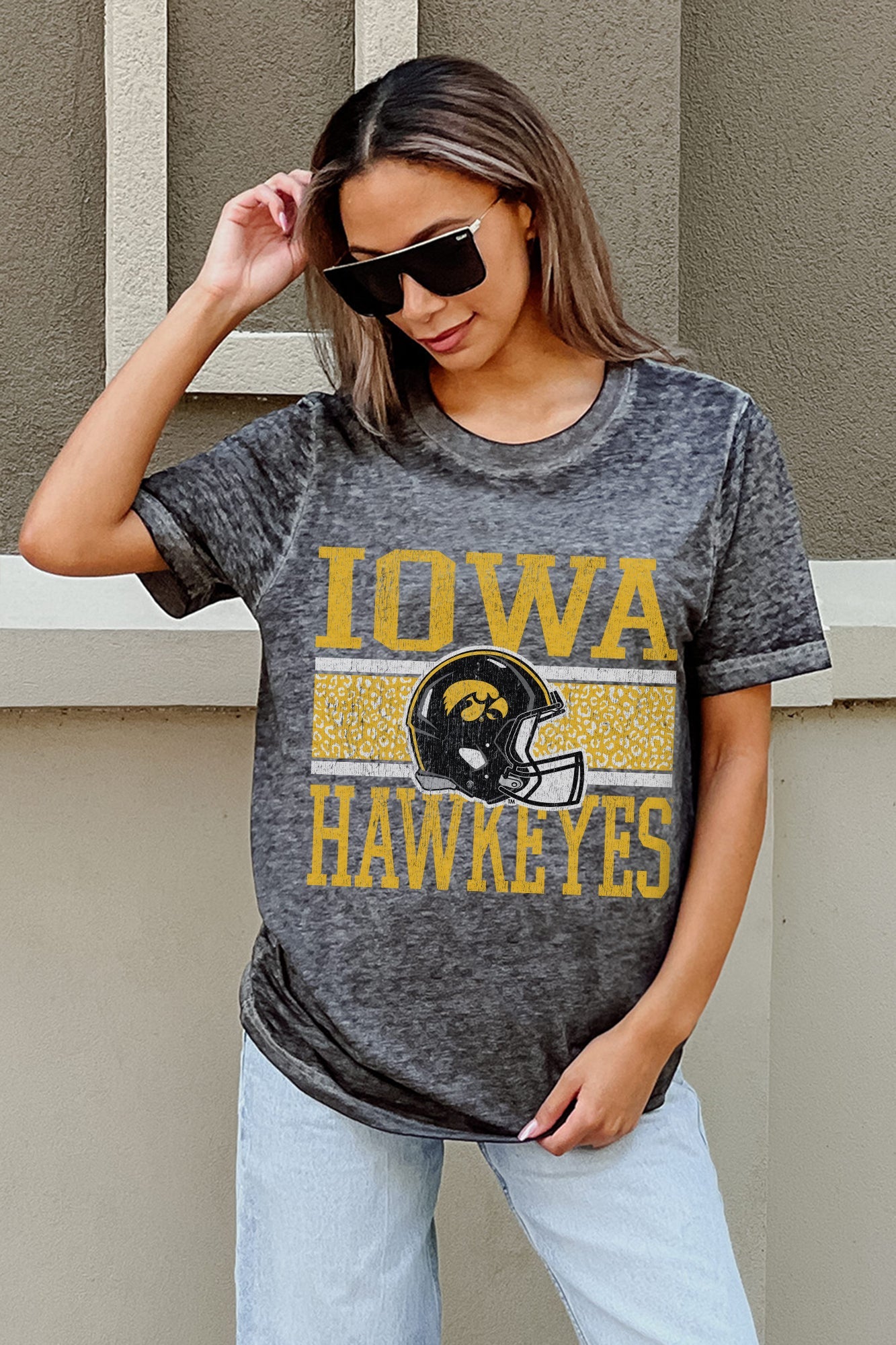 IOWA HAWKEYES CROWD GOES WILD ACID WASH BOYFRIEND TEE