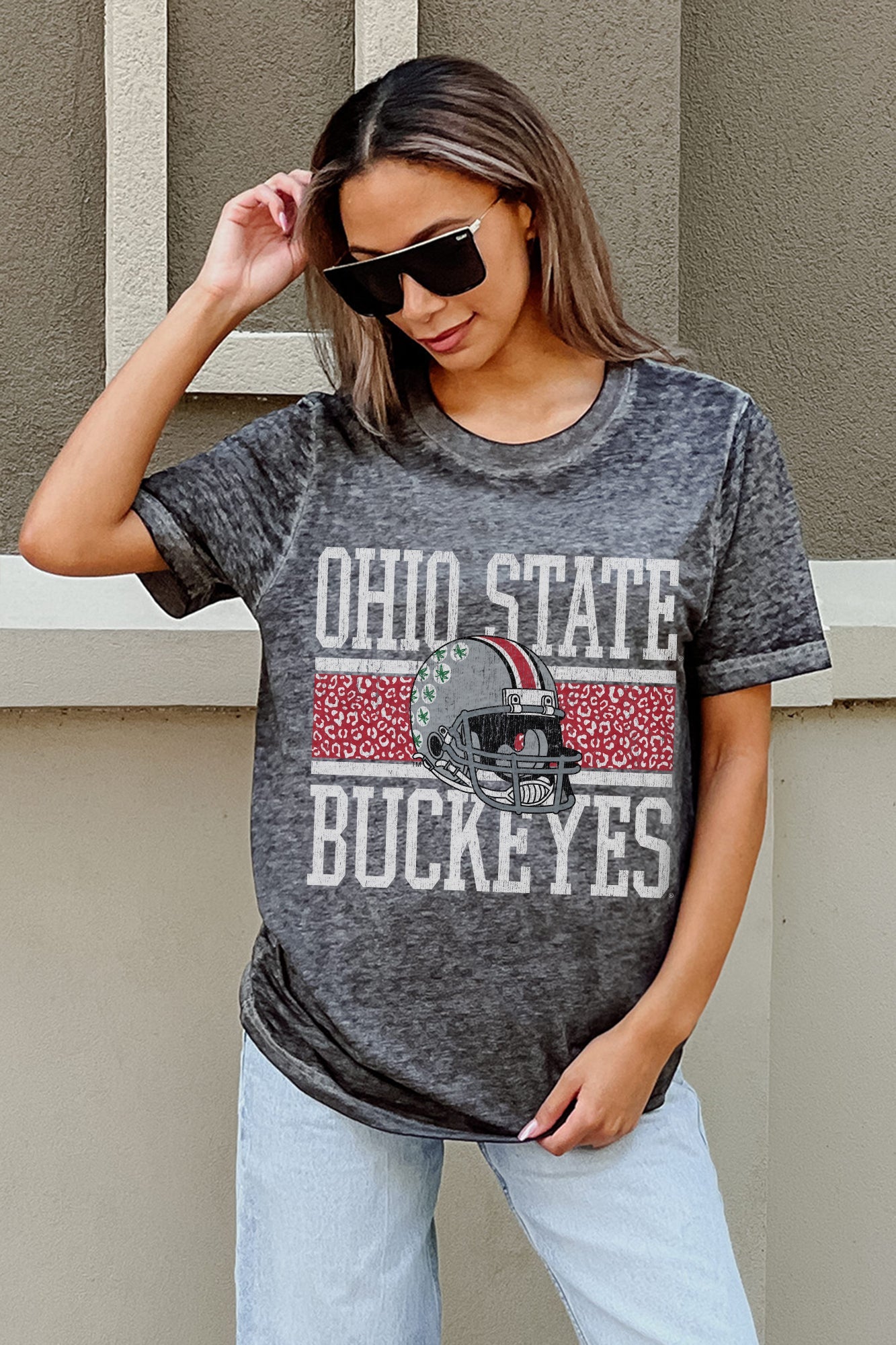 OHIO STATE BUCKEYES CROWD GOES WILD ACID WASH BOYFRIEND TEE