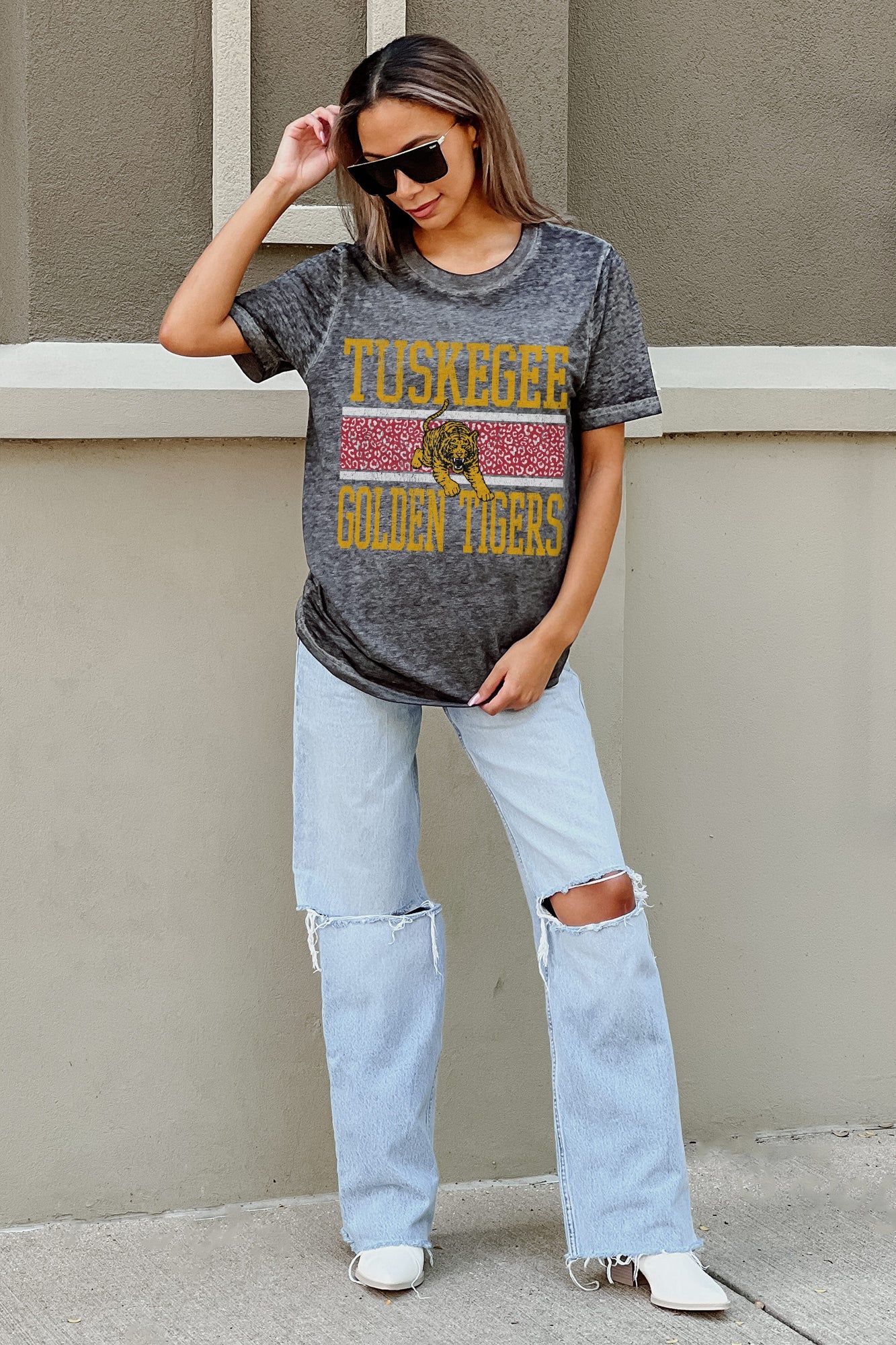 TUSKEGEE GOLDEN TIGERS CROWD GOES WILD ACID WASH BOYFRIEND TEE