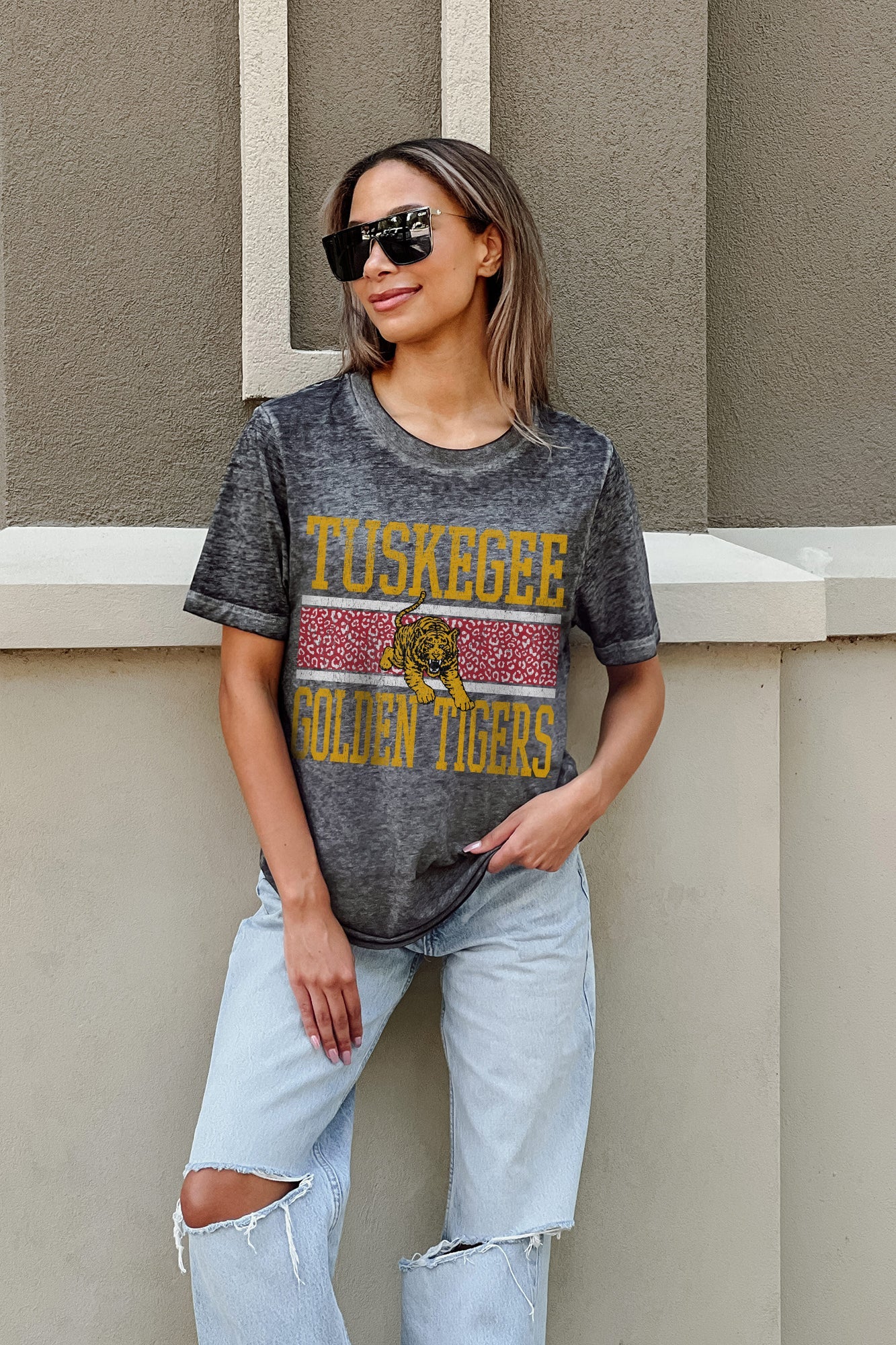 TUSKEGEE GOLDEN TIGERS CROWD GOES WILD ACID WASH BOYFRIEND TEE