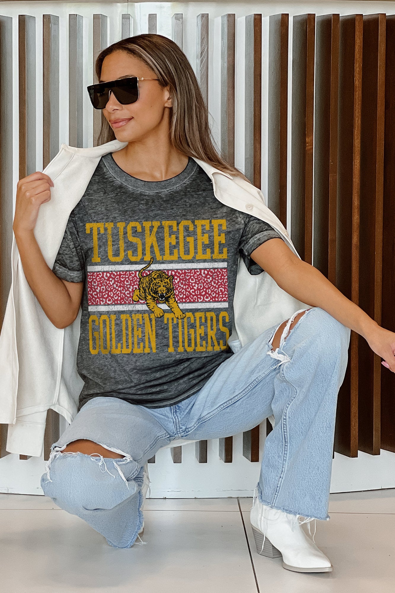 TUSKEGEE GOLDEN TIGERS CROWD GOES WILD ACID WASH BOYFRIEND TEE