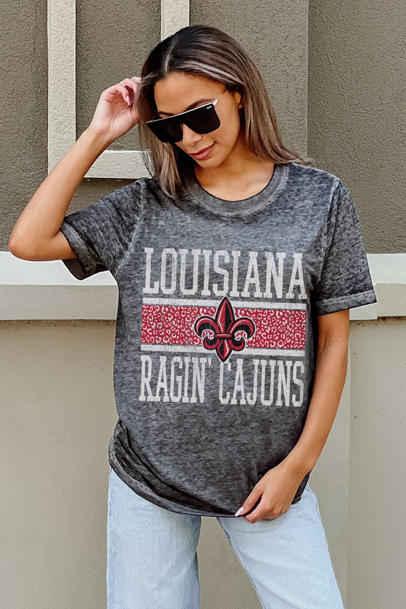 LOUISIANA RAGIN' CAJUNS CROWD GOES WILD ACID WASH BOYFRIEND TEE