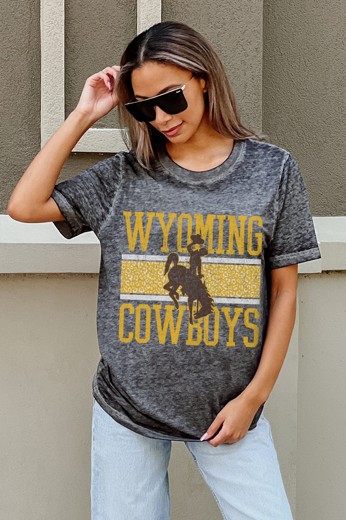 WYOMING COWBOYS CROWD GOES WILD ACID WASH BOYFRIEND TEE