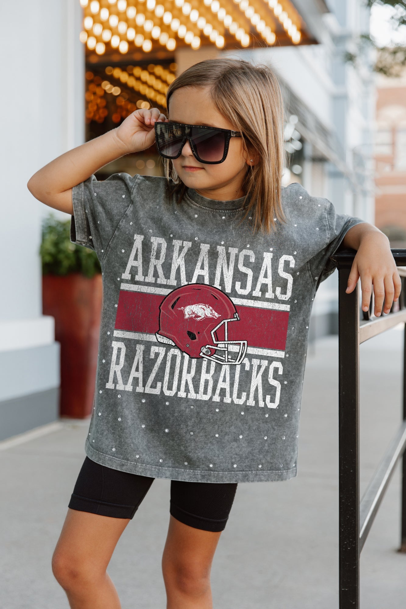 ARKANSAS RAZORBACKS ON THE BALL KIDS MINI RHINESTONE SHORT SLEEVE CLASSIC TEE