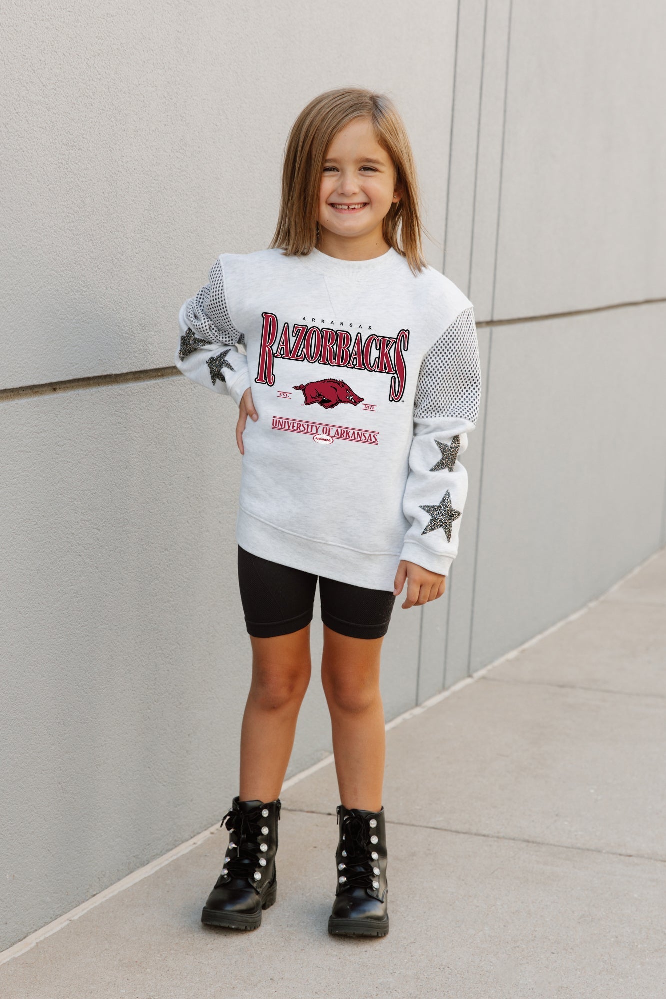 ARKANSAS RAZORBACKS DYNAMIC KIDS CREWNECK FLEECE WITH JERSEY MESH CONTRAST SHOULDER SWEATSHIRT