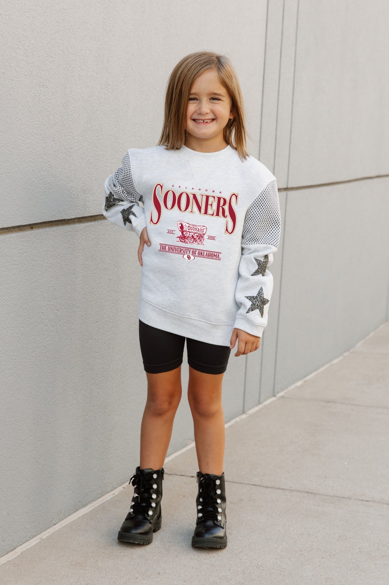 OKLAHOMA SOONERS DYNAMIC KIDS CREWNECK FLEECE WITH JERSEY MESH CONTRAST SHOULDER SWEATSHIRT