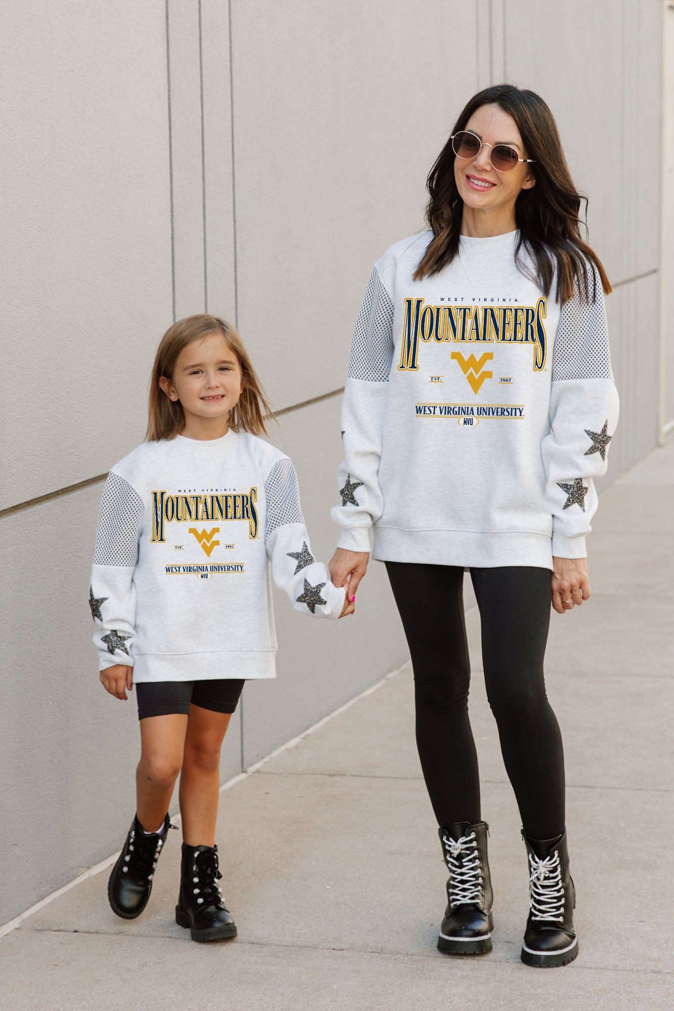 WEST VIRGINIA MOUNTAINEERS DYNAMIC KIDS CREWNECK FLEECE WITH JERSEY MESH CONTRAST SHOULDER SWEATSHIRT