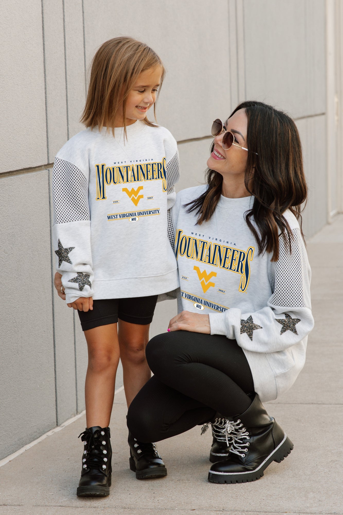 WEST VIRGINIA MOUNTAINEERS DYNAMIC KIDS CREWNECK FLEECE WITH JERSEY MESH CONTRAST SHOULDER SWEATSHIRT