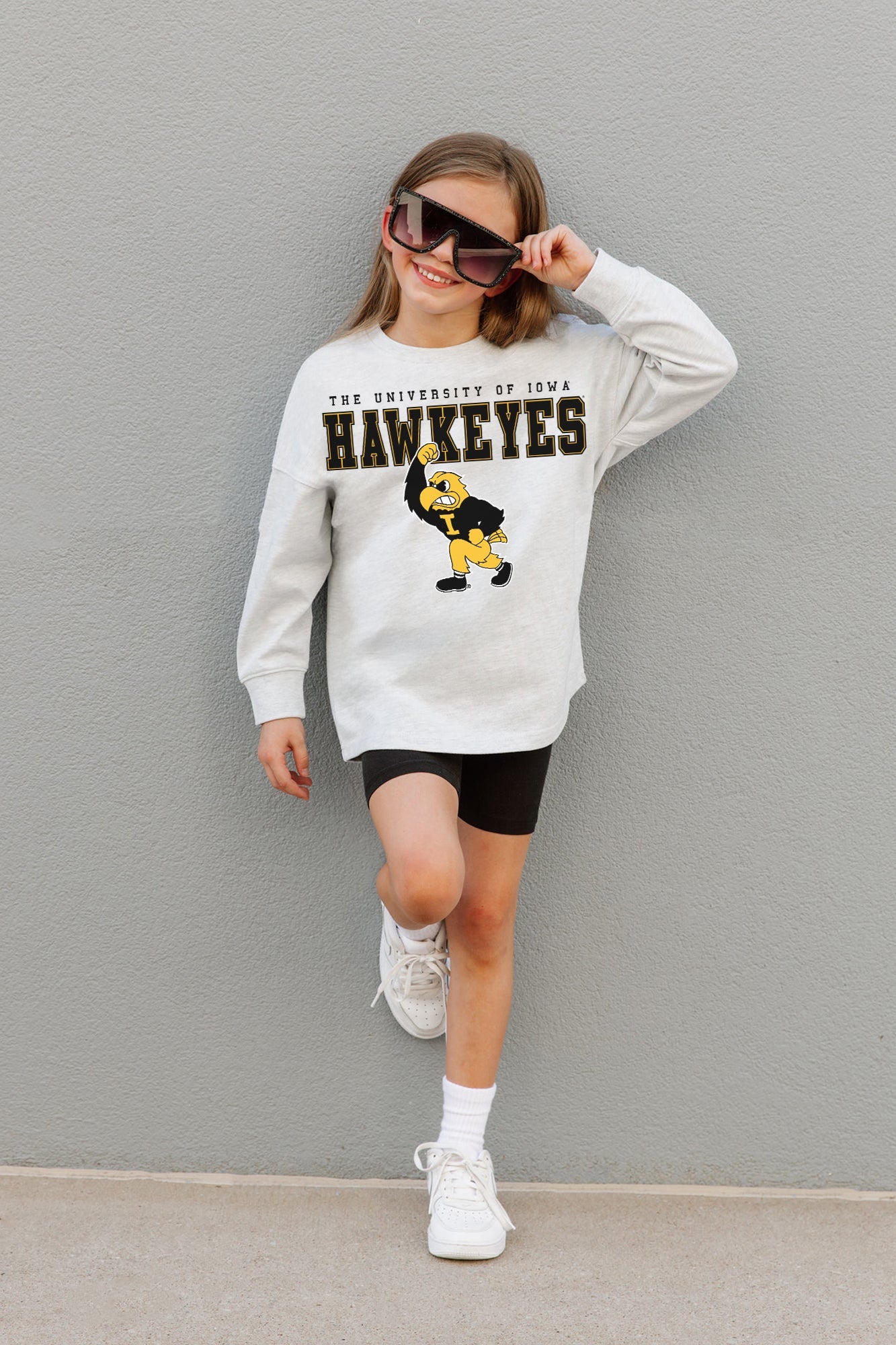 IOWA HAWKEYES BIG GOALS KIDS DROP SHOULDER LONG SLEEVE TEE WITH RIBBED NECKLINE AND CUFFS