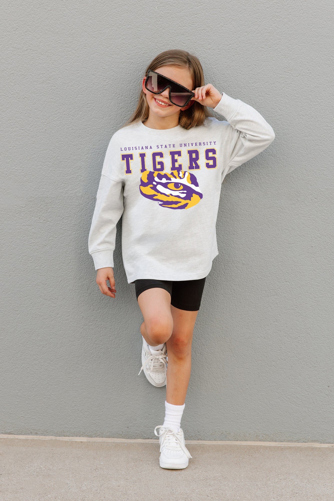 LSU TIGERS BIG GOALS KIDS DROP SHOULDER LONG SLEEVE TEE WITH RIBBED NECKLINE AND CUFFS