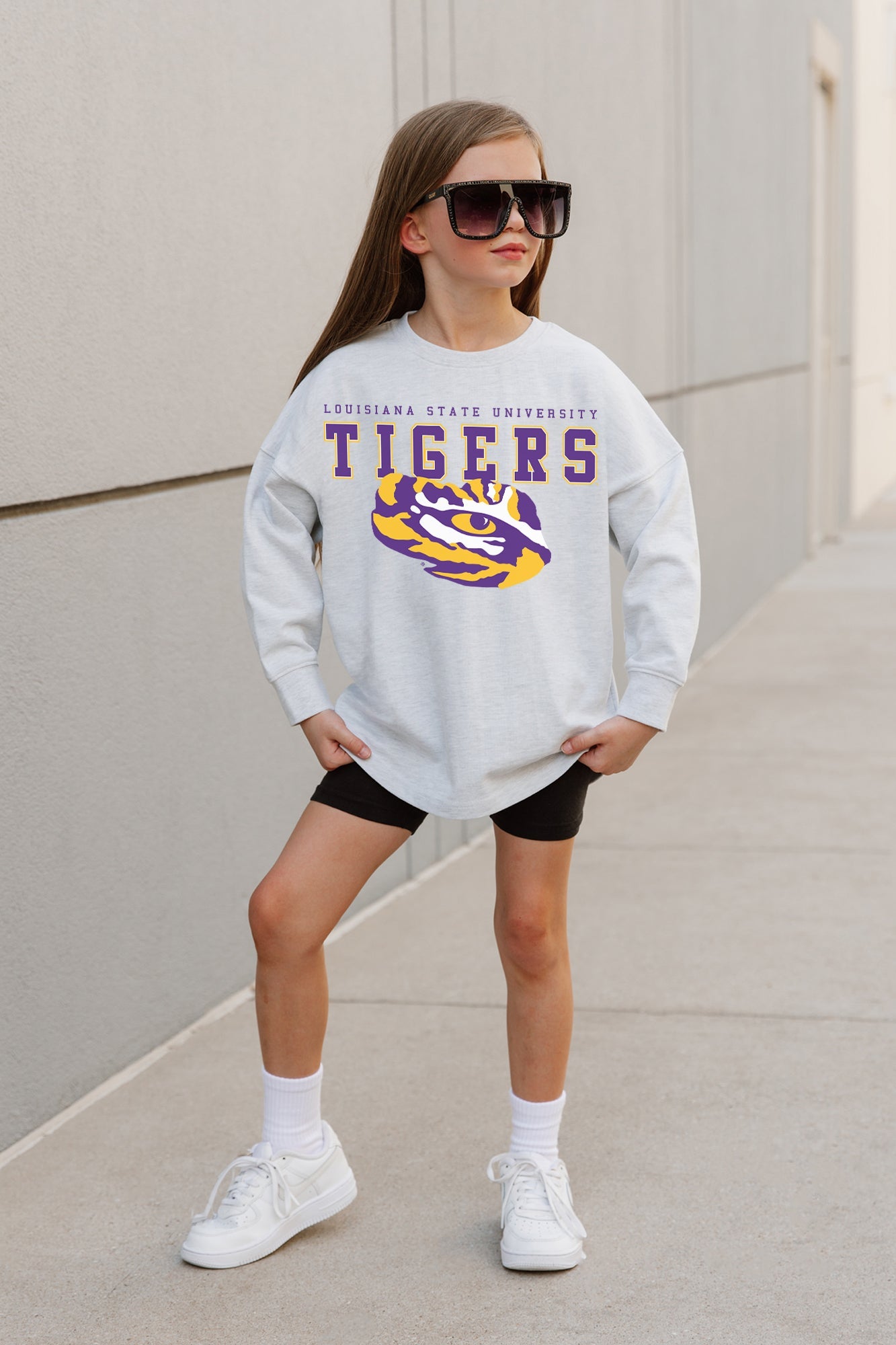 LSU TIGERS BIG GOALS KIDS DROP SHOULDER LONG SLEEVE TEE WITH RIBBED NECKLINE AND CUFFS