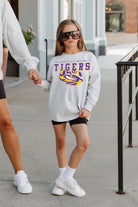 LSU TIGERS BIG GOALS KIDS DROP SHOULDER LONG SLEEVE TEE WITH RIBBED NECKLINE AND CUFFS