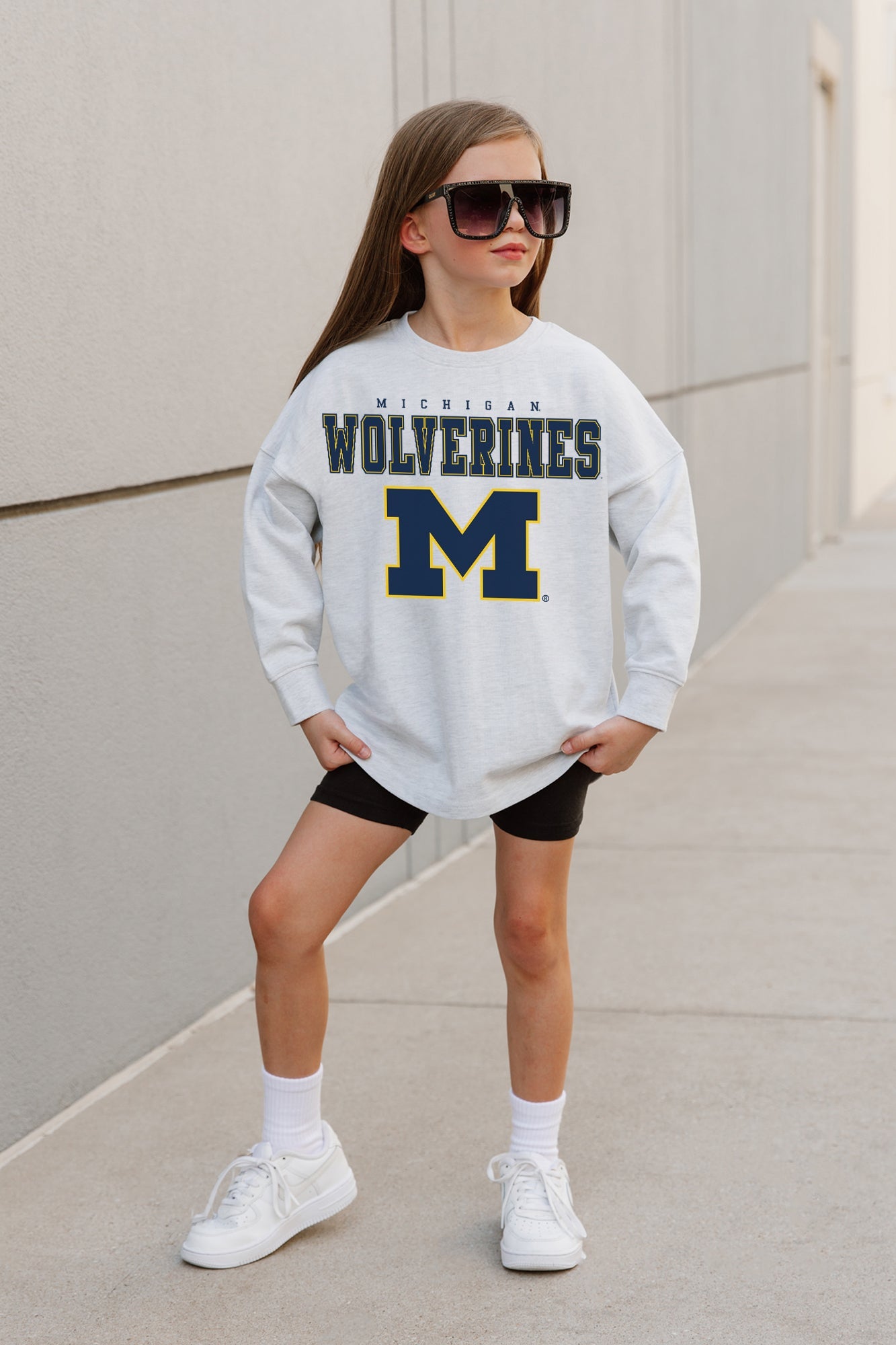 MICHIGAN WOLVERINES BIG GOALS KIDS DROP SHOULDER LONG SLEEVE TEE WITH RIBBED NECKLINE AND CUFFS