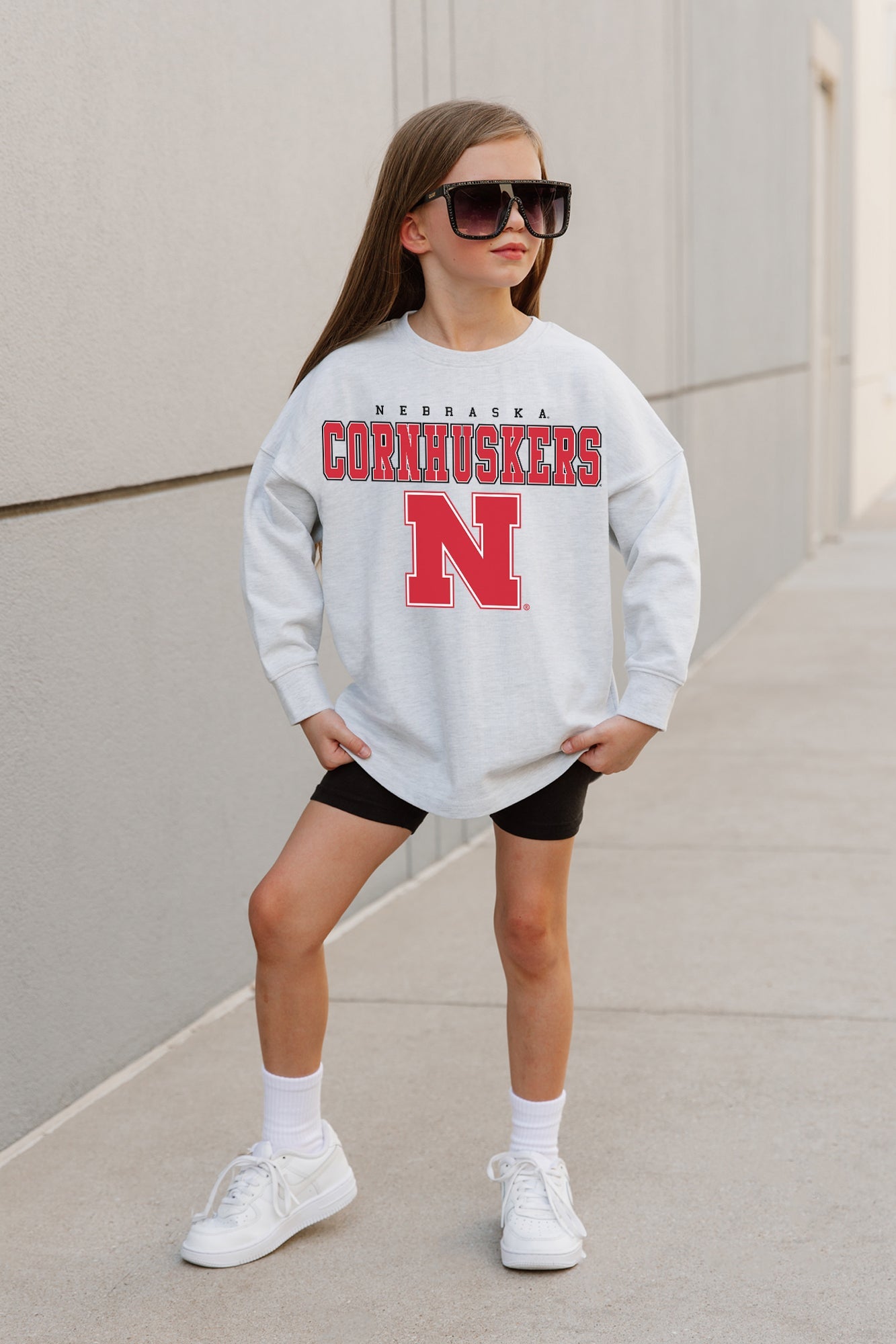 NEBRASKA CORNHUSKERS BIG GOALS KIDS DROP SHOULDER LONG SLEEVE TEE WITH RIBBED NECKLINE AND CUFFS