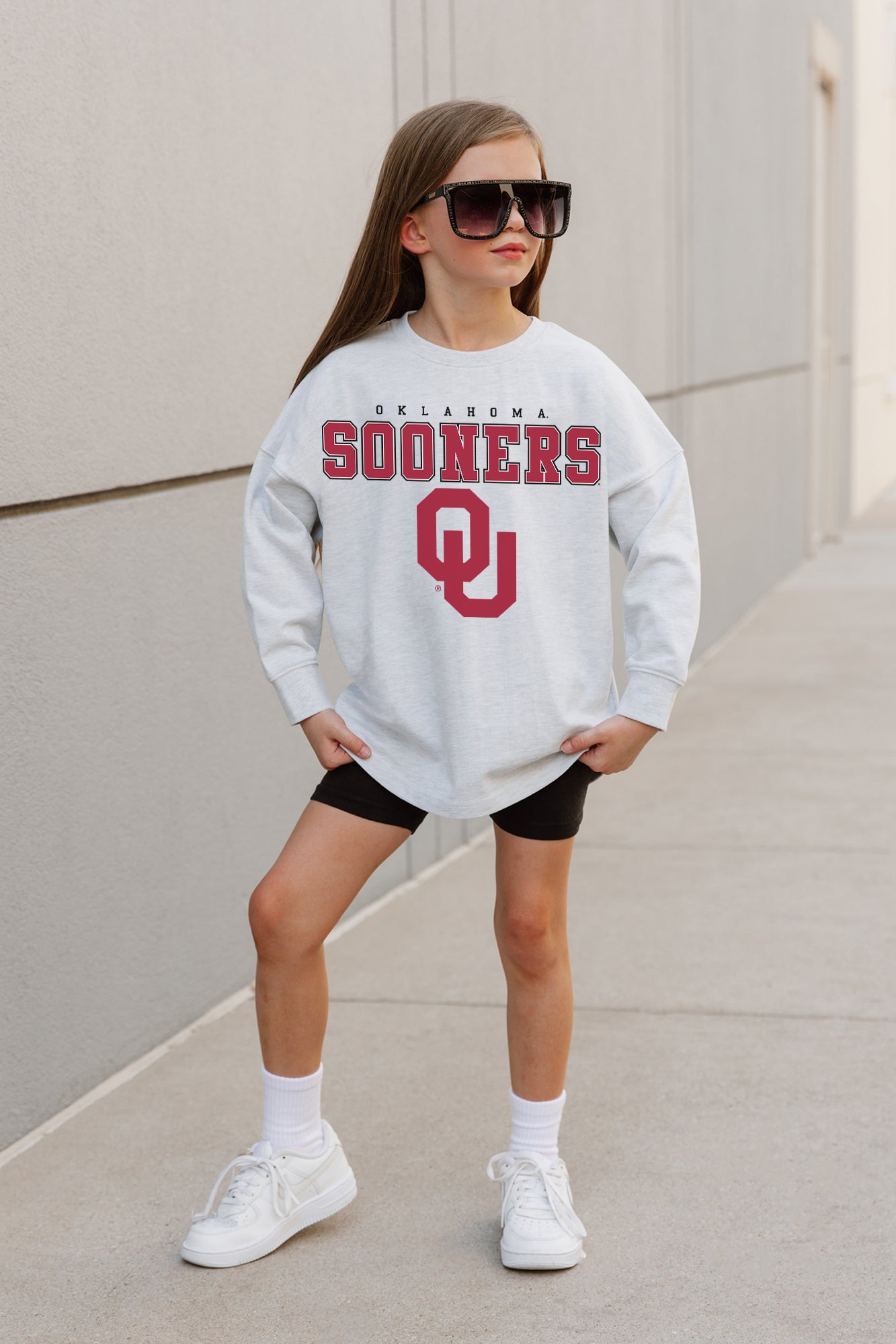 OKLAHOMA SOONERS BIG GOALS KIDS DROP SHOULDER LONG SLEEVE TEE WITH RIBBED NECKLINE AND CUFFS