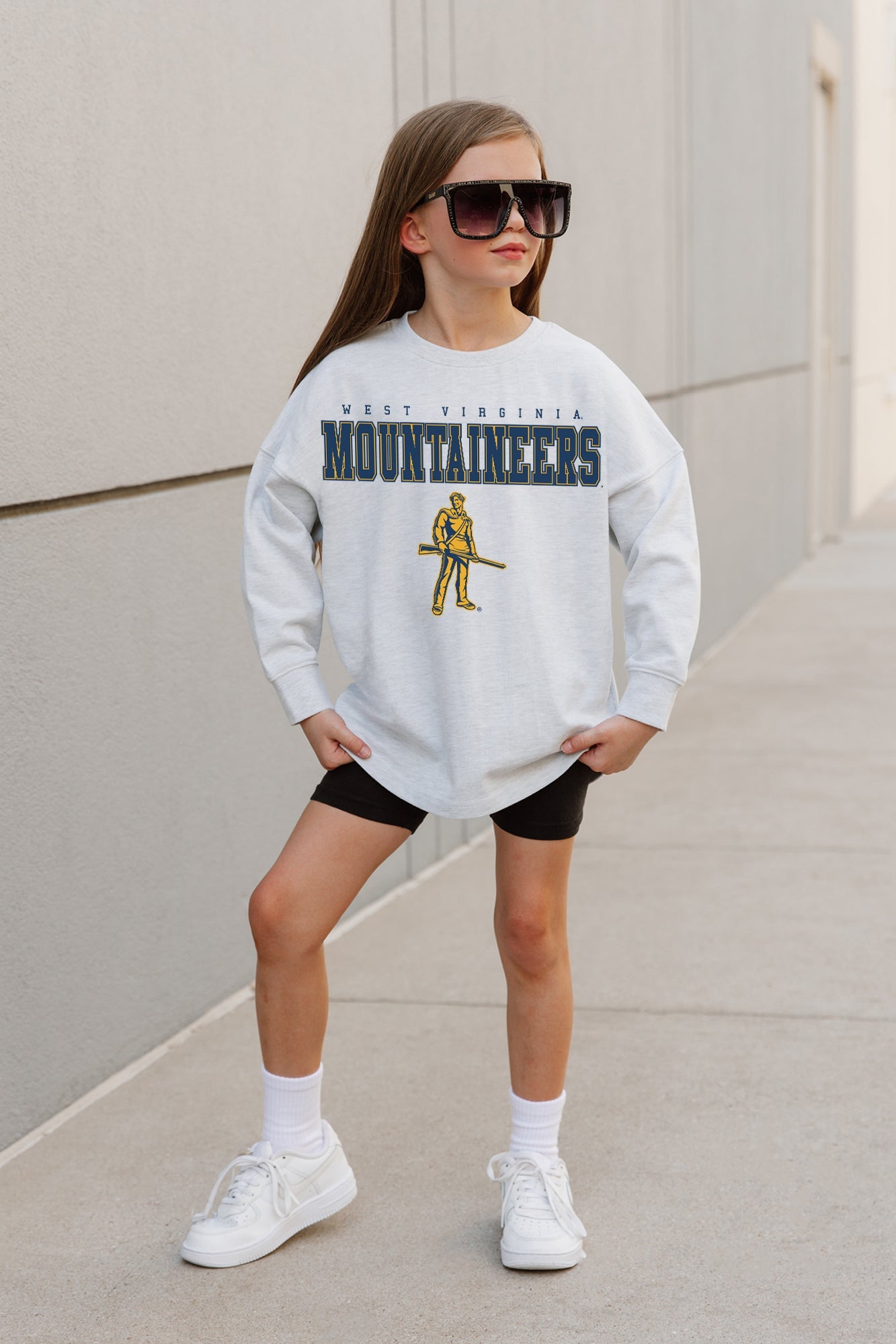 WEST VIRGINIA MOUNTAINEERS BIG GOALS KIDS DROP SHOULDER LONG SLEEVE TEE WITH RIBBED NECKLINE AND CUFFS