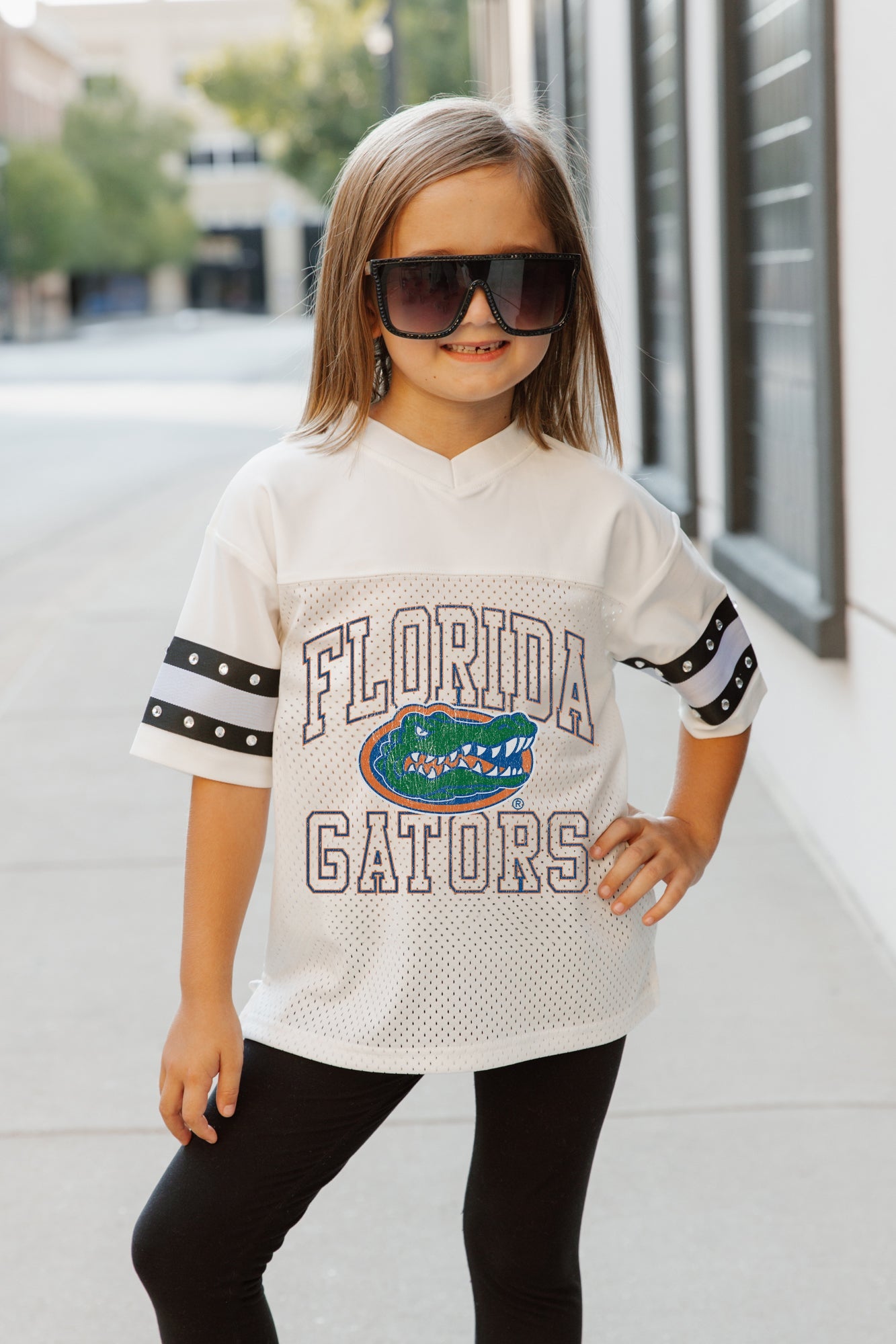 FLORIDA GATORS A STEP AHEAD KIDS OVERSIZED V-NECK RHINESTONE-STRIPED TRIM FASHION JERSEY