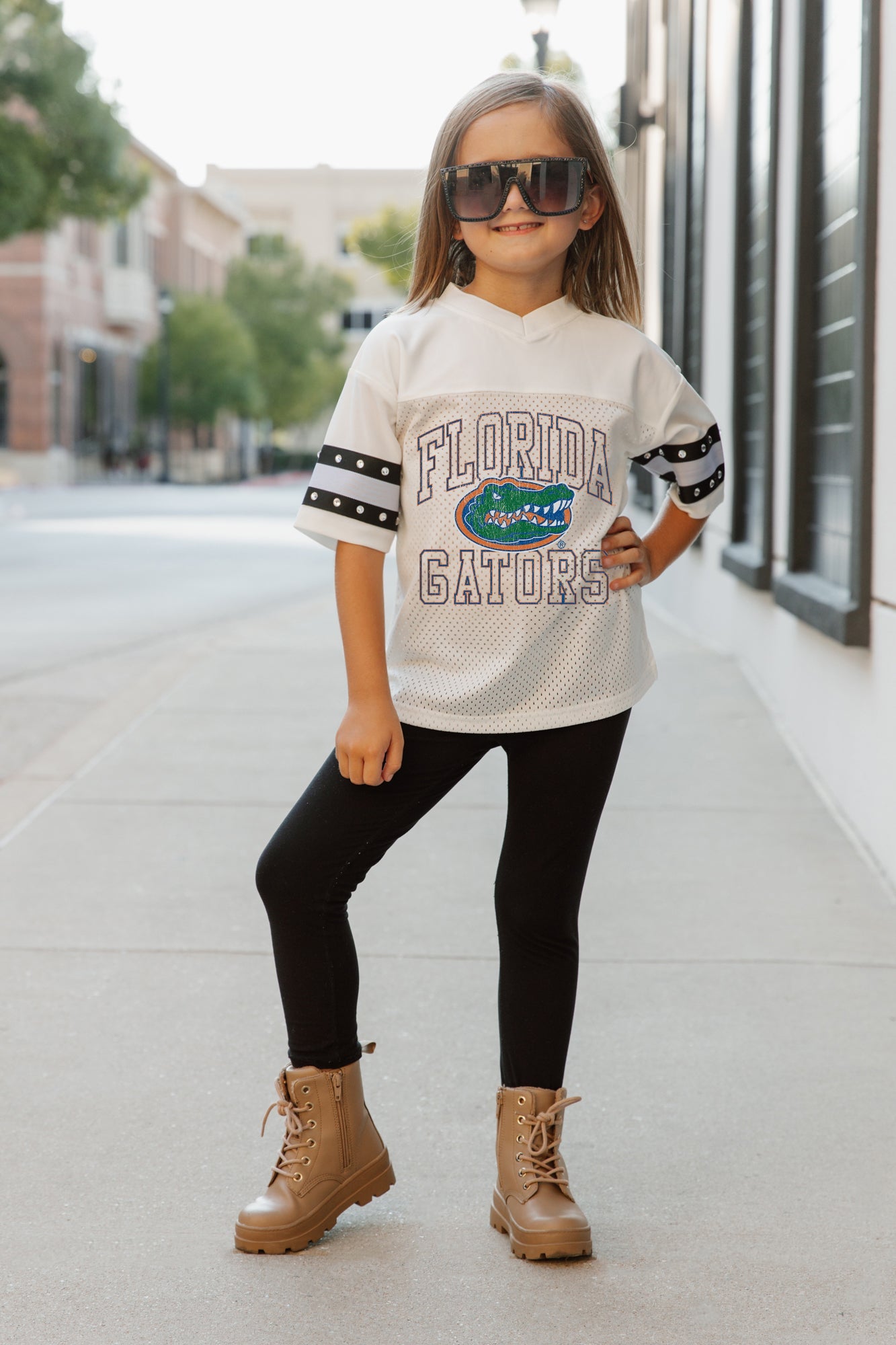 FLORIDA GATORS A STEP AHEAD KIDS OVERSIZED V-NECK RHINESTONE-STRIPED TRIM FASHION JERSEY