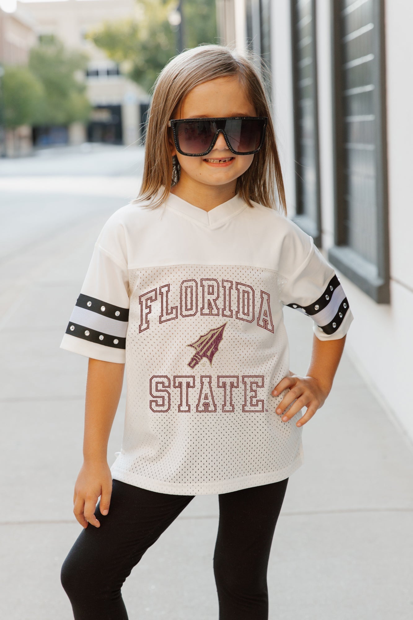 FLORIDA STATE SEMINOLES A STEP AHEAD KIDS OVERSIZED V-NECK RHINESTONE-STRIPED TRIM FASHION JERSEY