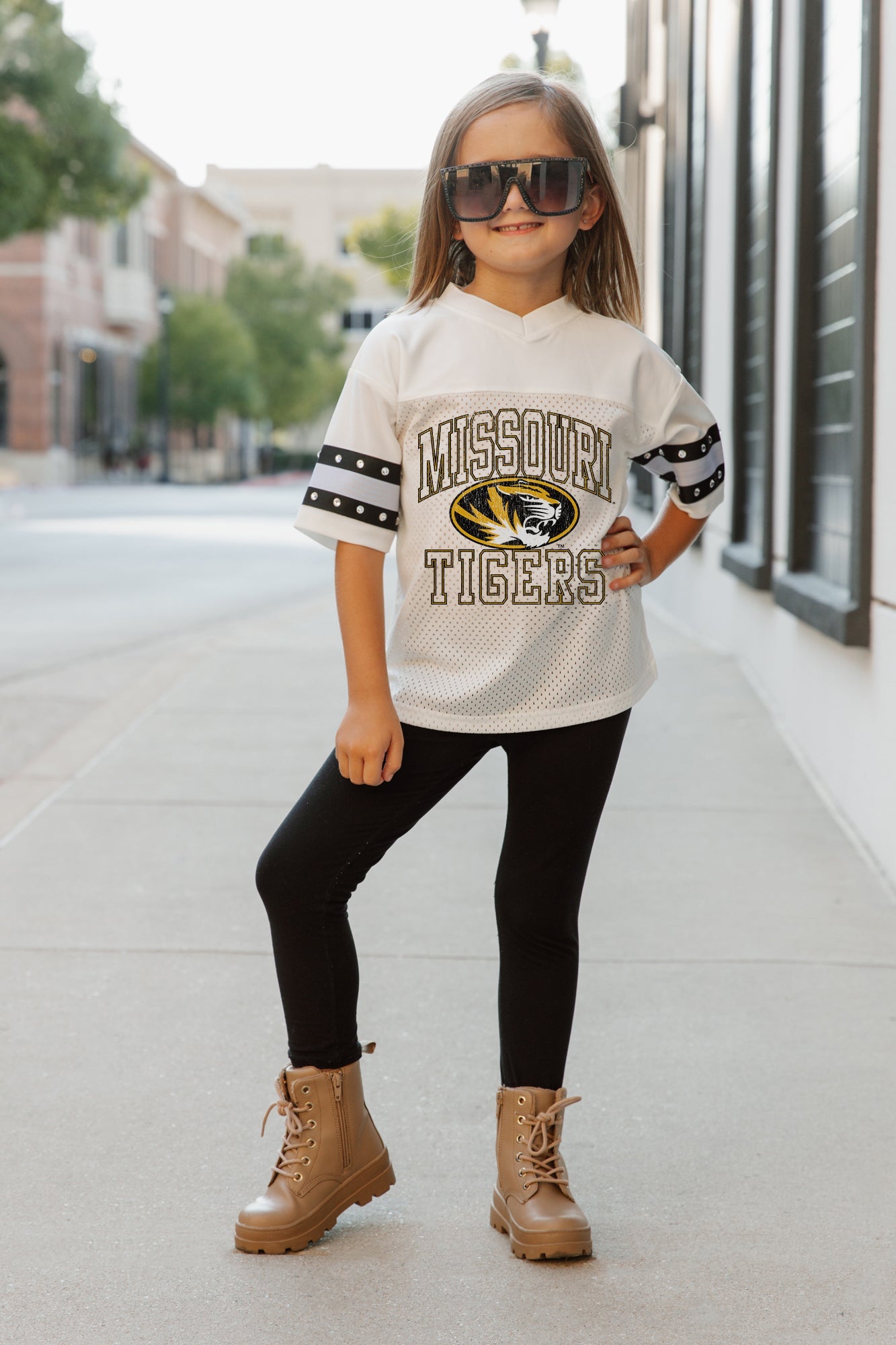 MISSOURI TIGERS A STEP AHEAD KIDS OVERSIZED V-NECK RHINESTONE-STRIPED TRIM FASHION JERSEY