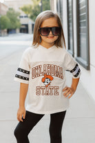 OKLAHOMA STATE COWBOYS A STEP AHEAD KIDS OVERSIZED V-NECK RHINESTONE-STRIPED TRIM FASHION JERSEY