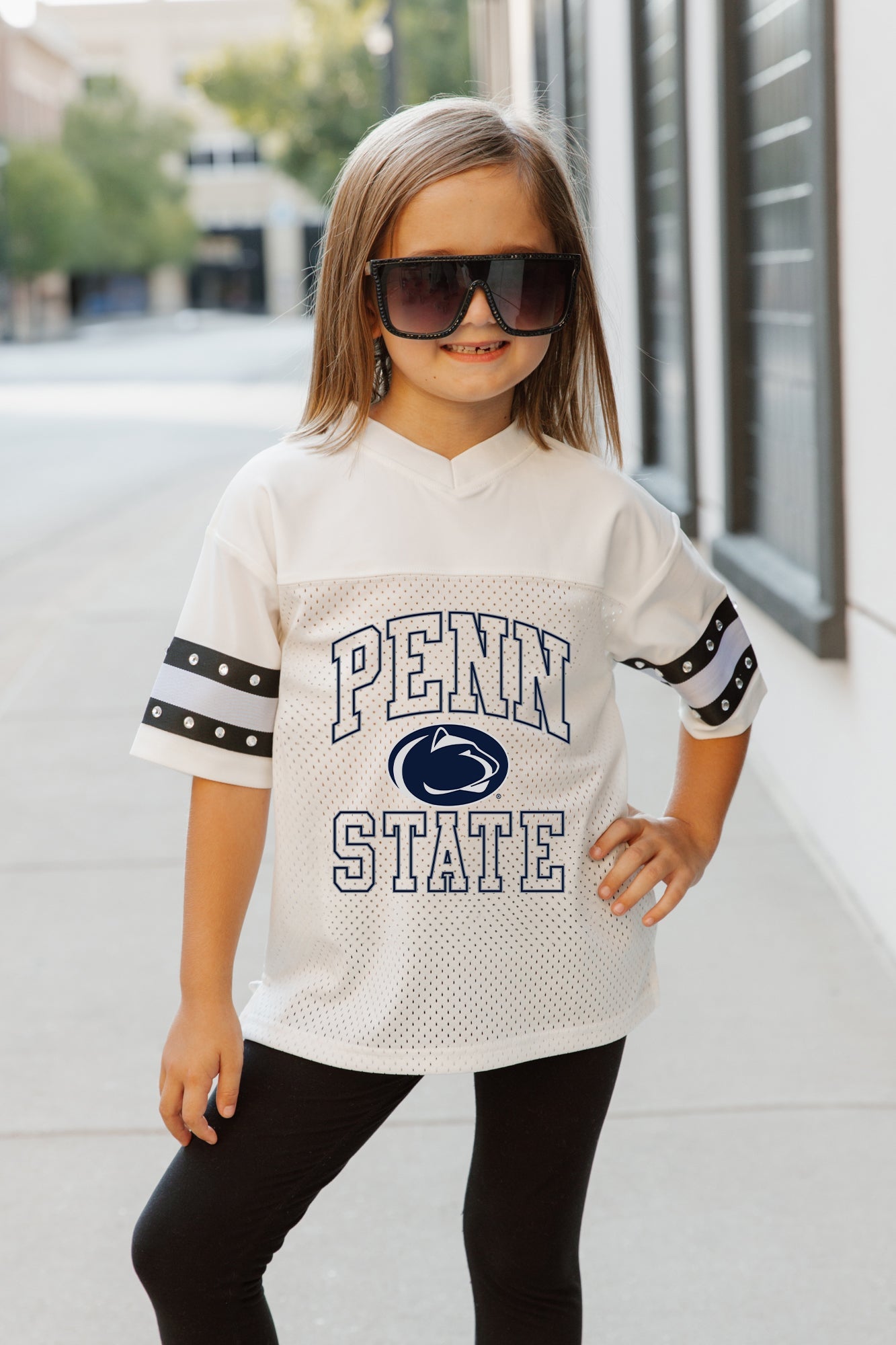 PENN STATE NITTANY LIONS A STEP AHEAD KIDS OVERSIZED V-NECK RHINESTONE-STRIPED TRIM FASHION JERSEY