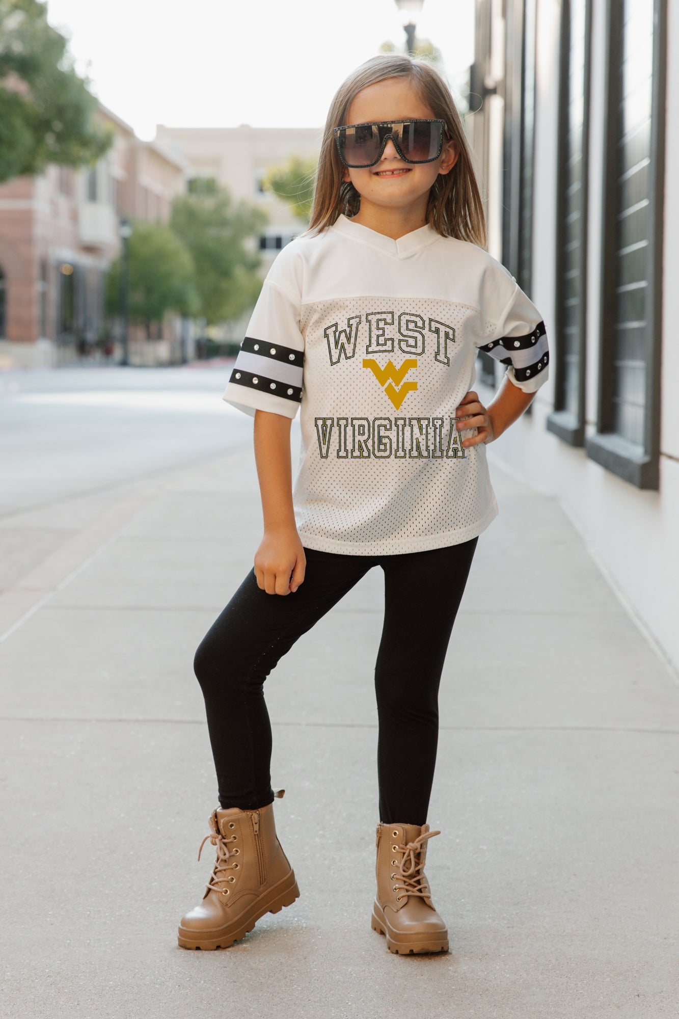 WEST VIRGINIA MOUNTAINEERS A STEP AHEAD KIDS OVERSIZED V-NECK RHINESTONE-STRIPED TRIM FASHION JERSEY