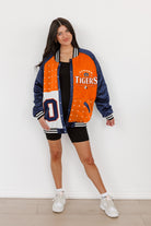 AUBURN TIGERS HOT SHOT MIXED MEDIA THROWBACK VARSITY BOMBER JACKET WITH RHINESTONE INSERTS BY MADI PREWETT TROUTT