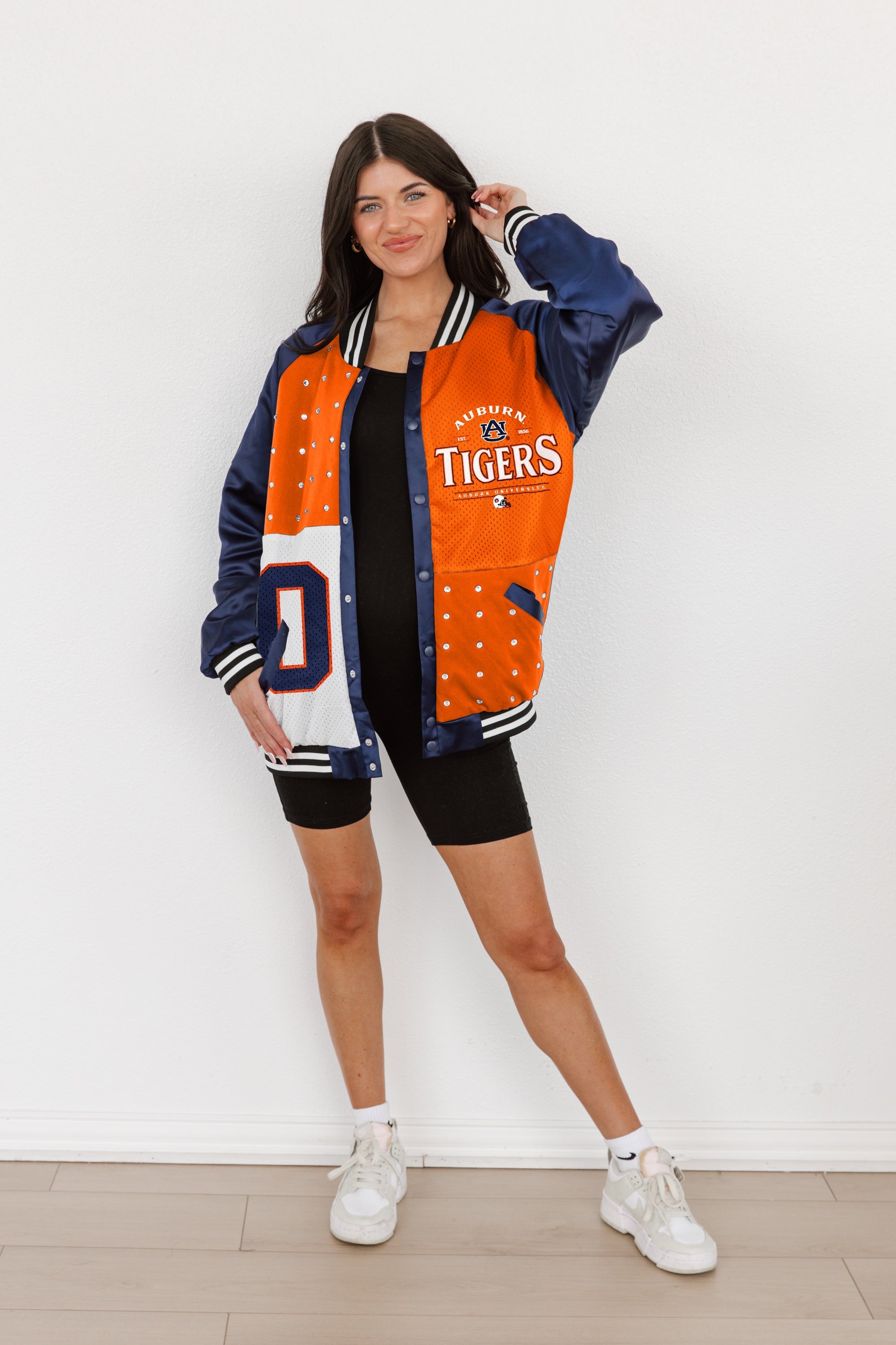 AUBURN TIGERS HOT SHOT MIXED MEDIA THROWBACK VARSITY BOMBER JACKET WITH RHINESTONE INSERTS BY MADI PREWETT TROUTT